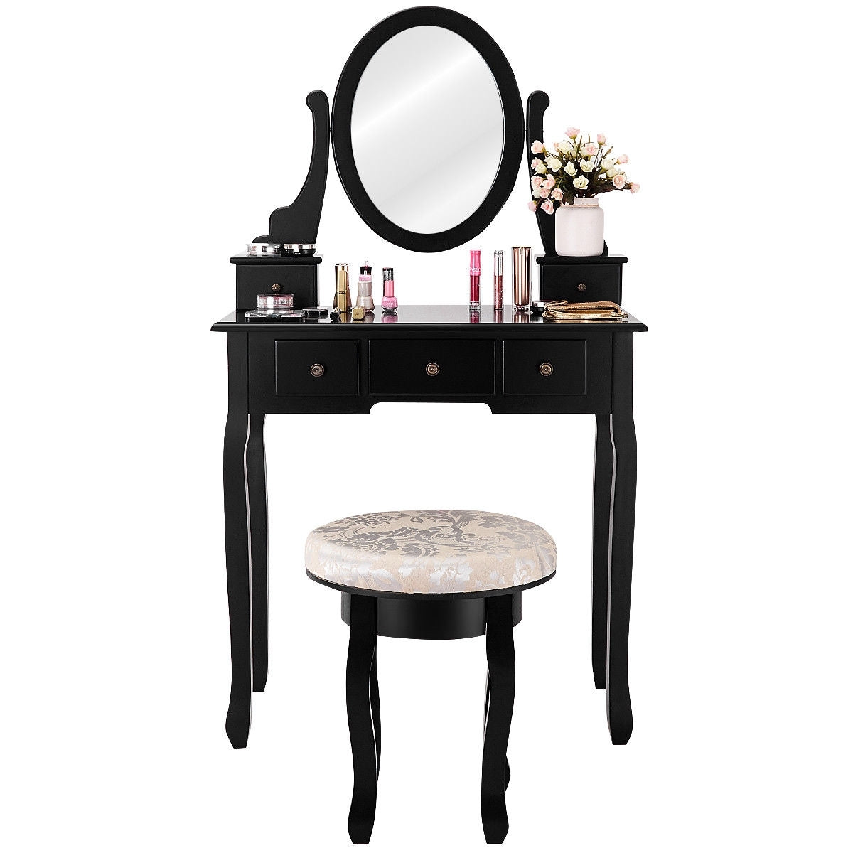Wooden Vanity Makeup Table Set with Padded Stool, Spacious Storage & 360° Adjustable Mirror