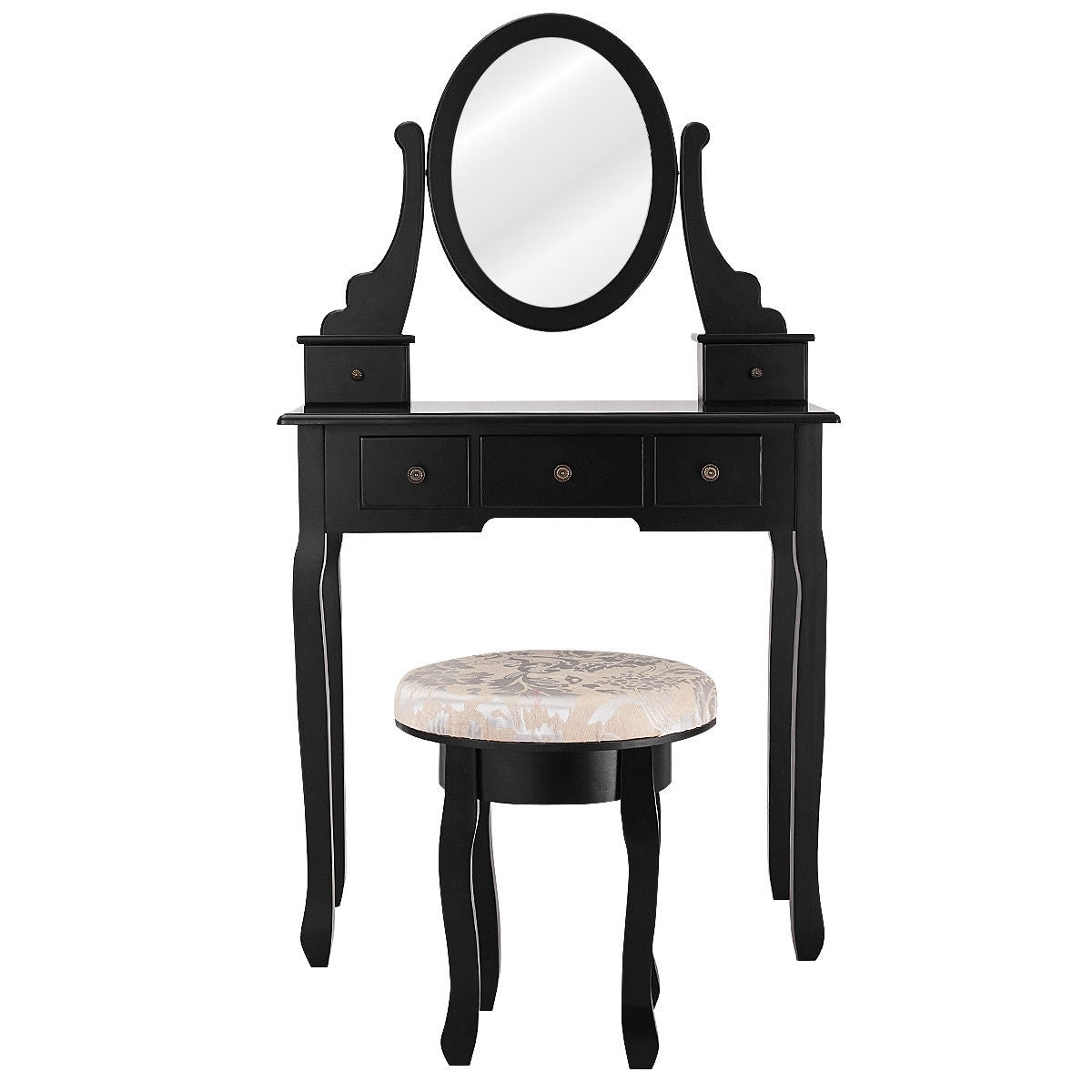 Wooden Vanity Makeup Table Set with Padded Stool, Spacious Storage & 360° Adjustable Mirror