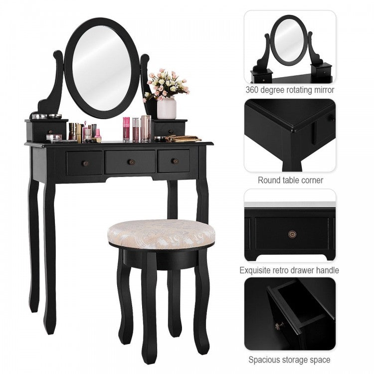 Wooden Vanity Makeup Table Set with Padded Stool, Spacious Storage & 360° Adjustable Mirror