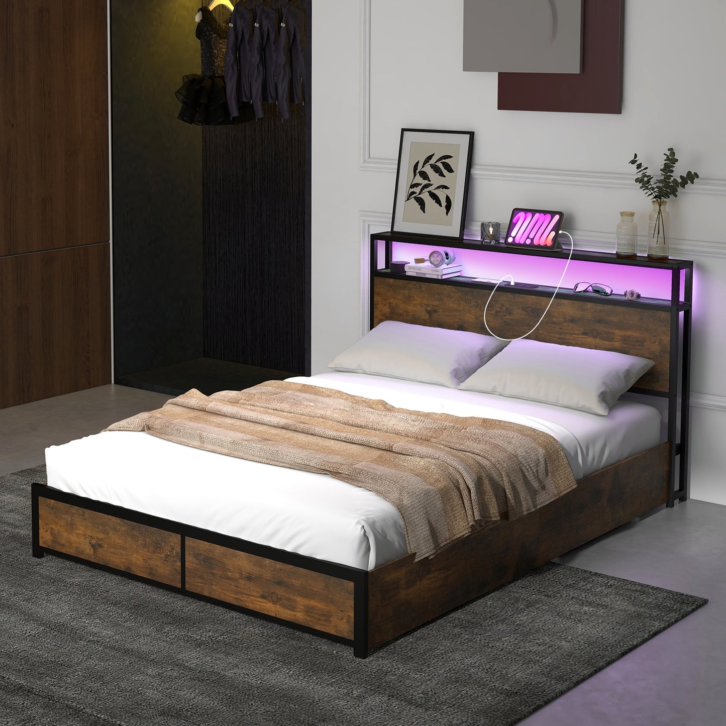 Smart LED Light Bed Frame with Storage Drawers - Full Size