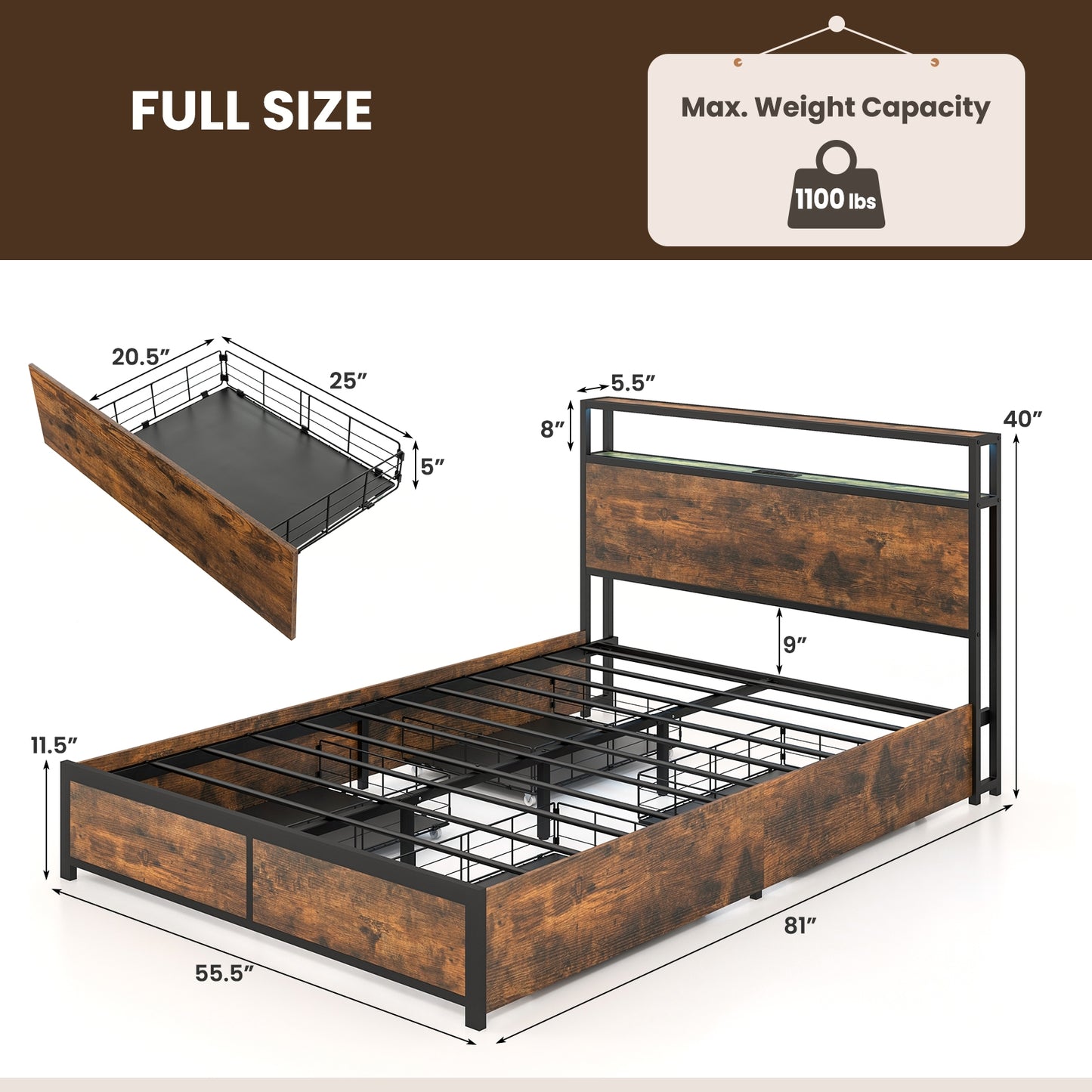 Smart LED Light Bed Frame with Storage Drawers - Full Size