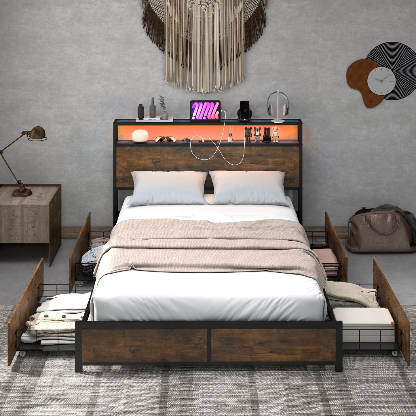 Smart LED Light Bed Frame with Storage Drawers - Full Size