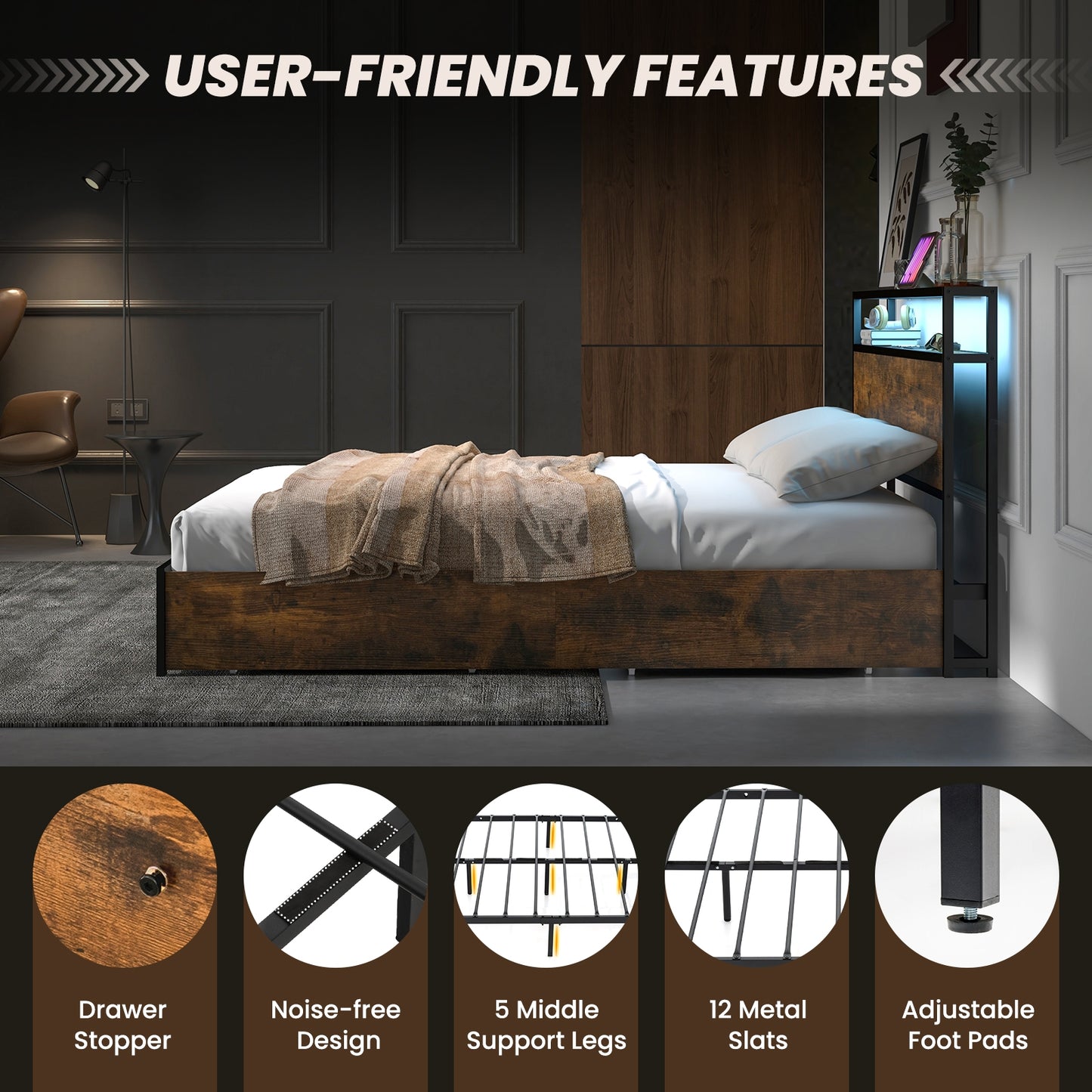 Smart LED Light Bed Frame with Storage Drawers - Full Size