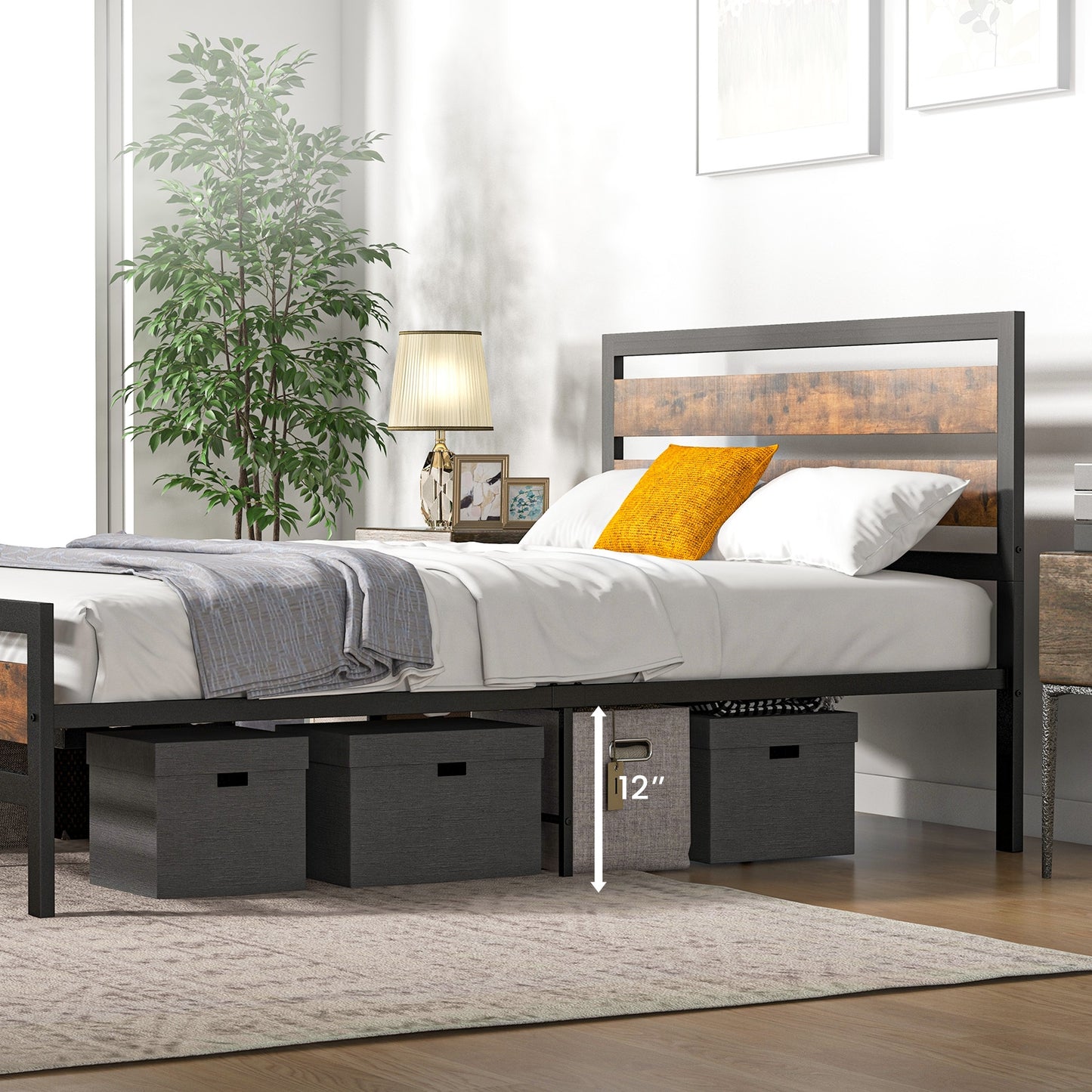 Rustic Industrial Bed Frame with Headboard, Footboard, and Under-Bed Storage – Full/Queen Size