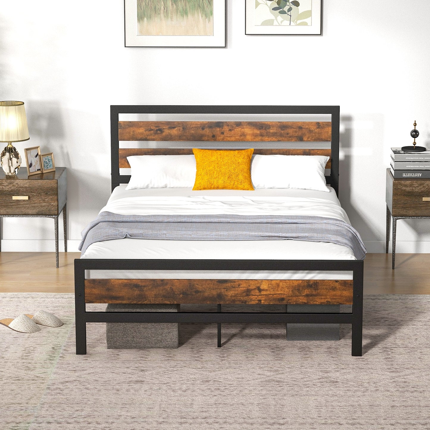 Rustic Industrial Bed Frame with Headboard, Footboard, and Under-Bed Storage – Full/Queen Size