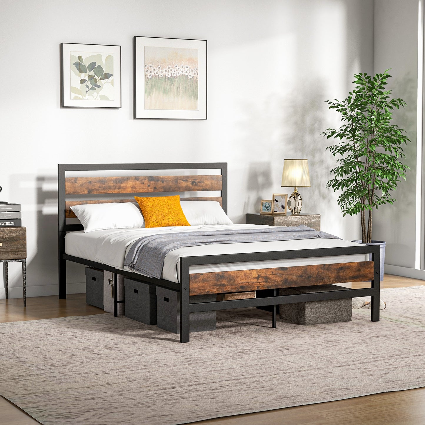 Rustic Industrial Bed Frame with Headboard, Footboard, and Under-Bed Storage – Full/Queen Size