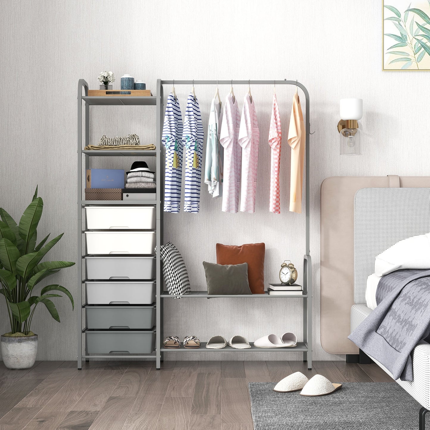 Freestanding Closet Organizer with Shelves, Removable Drawers and Shoe Rack for Bedroom, Entryway and Closet