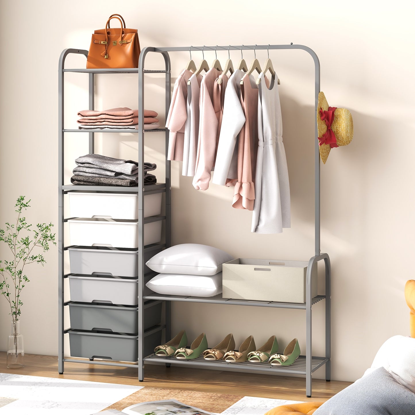 Freestanding Closet Organizer with Shelves, Removable Drawers and Shoe Rack for Bedroom, Entryway and Closet