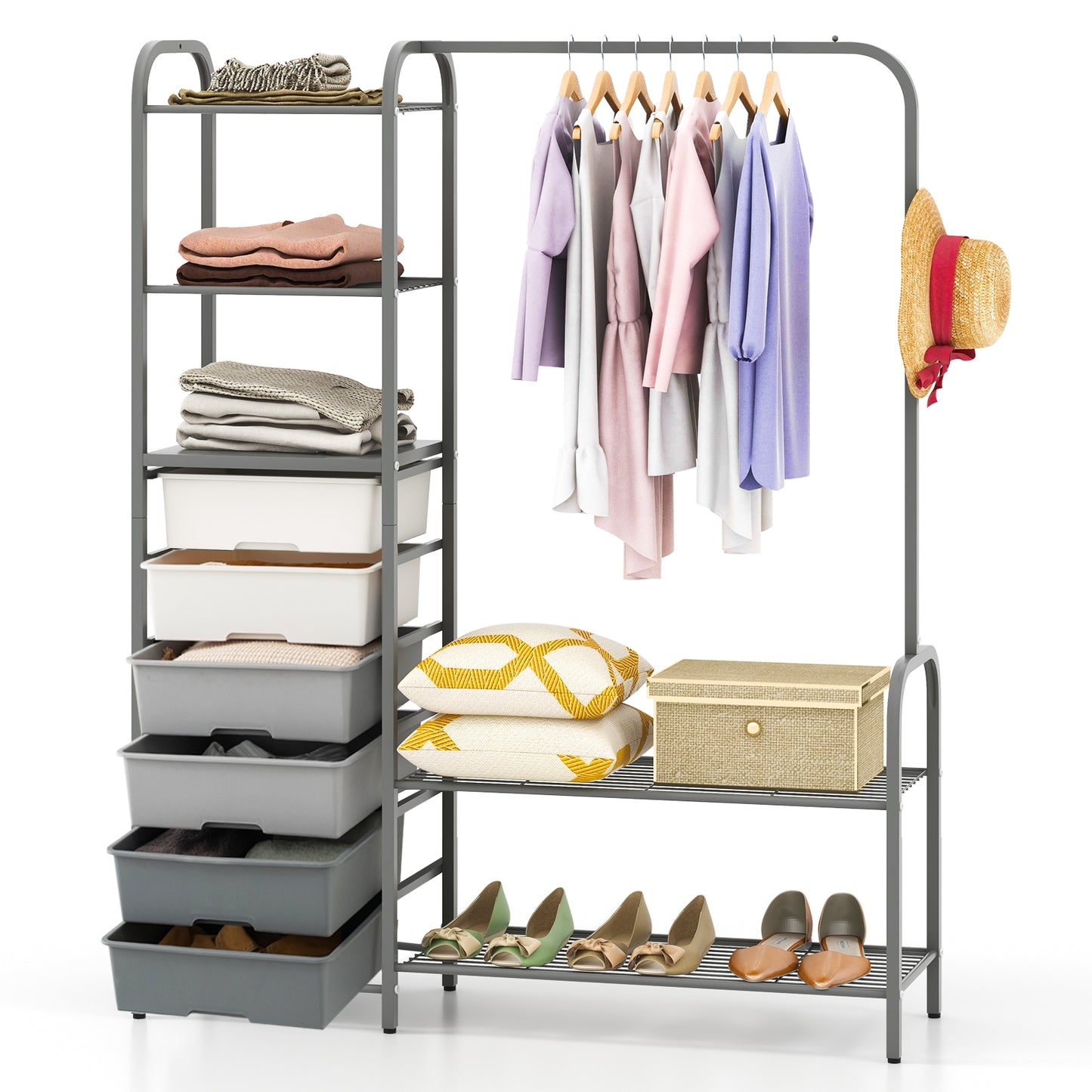 Freestanding Closet Organizer with Shelves, Removable Drawers and Shoe Rack for Bedroom, Entryway and Closet