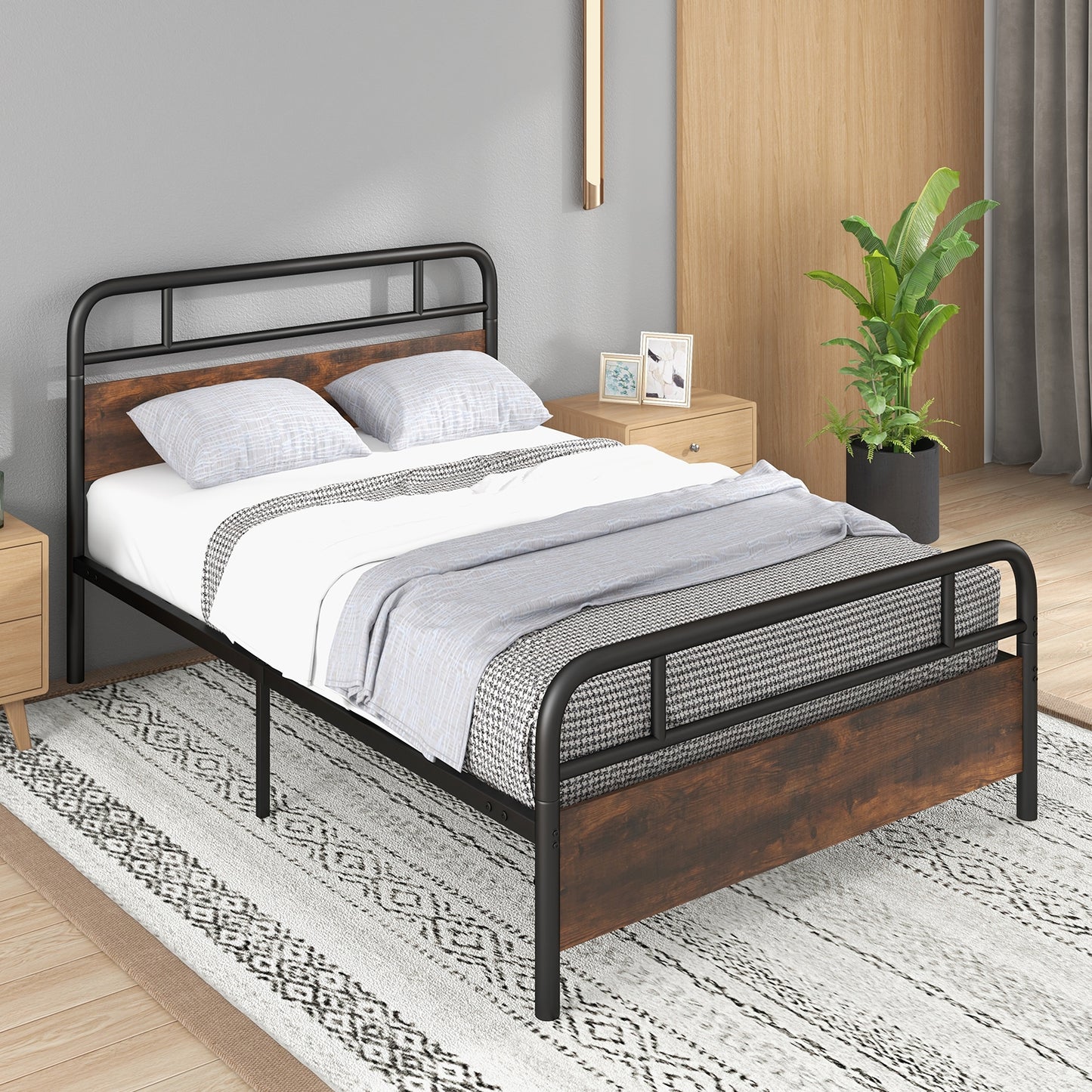 Industrial Metal Bed Frame with Rustic Headboard – Full Size