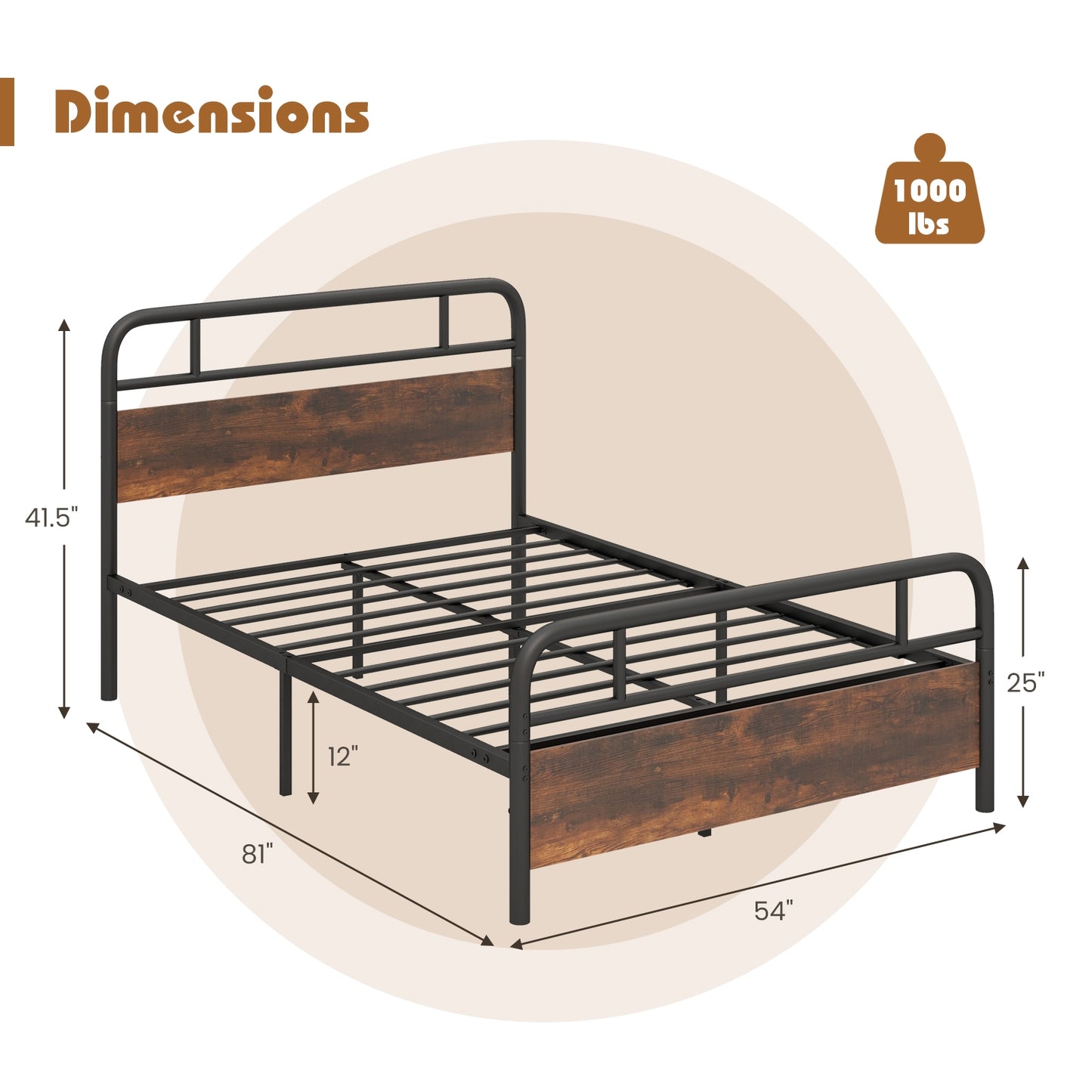 Industrial Metal Bed Frame with Rustic Headboard – Full Size