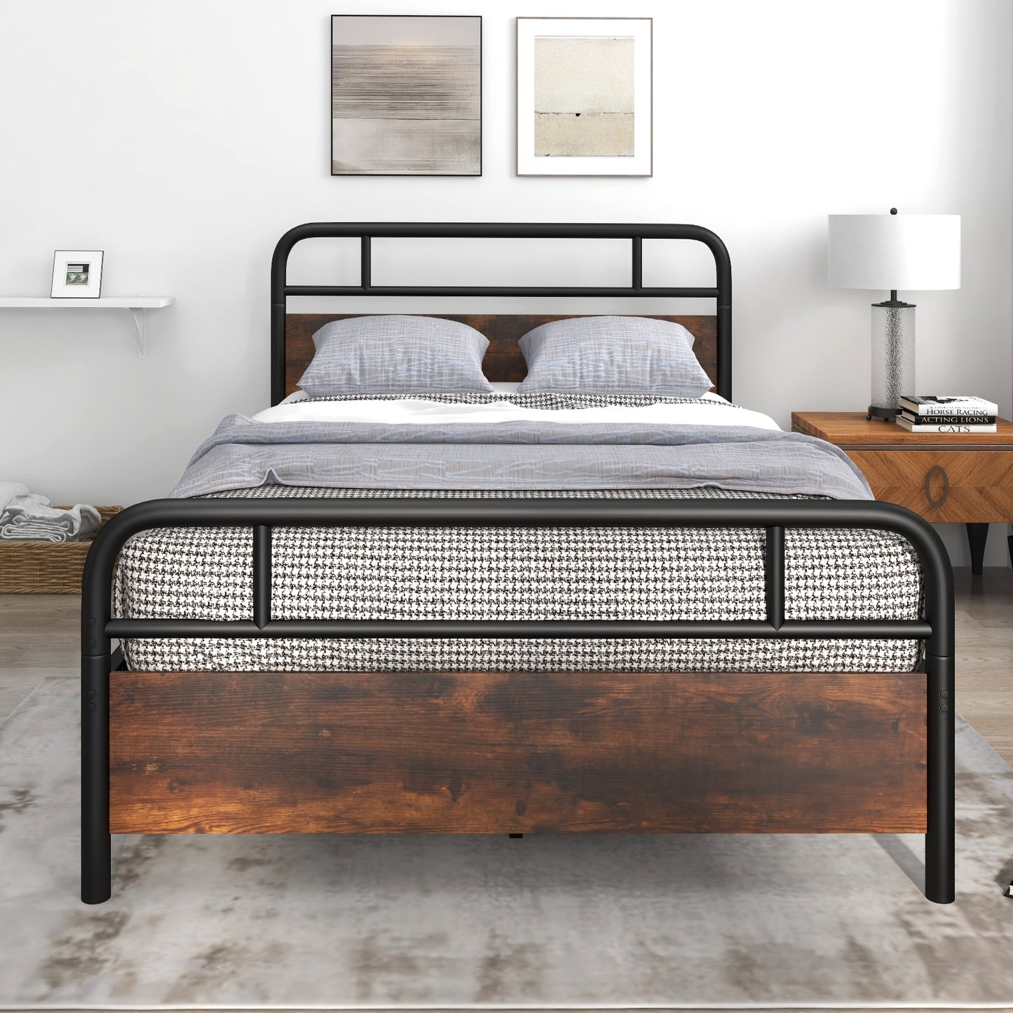 Industrial Metal Bed Frame with Rustic Headboard – Full Size