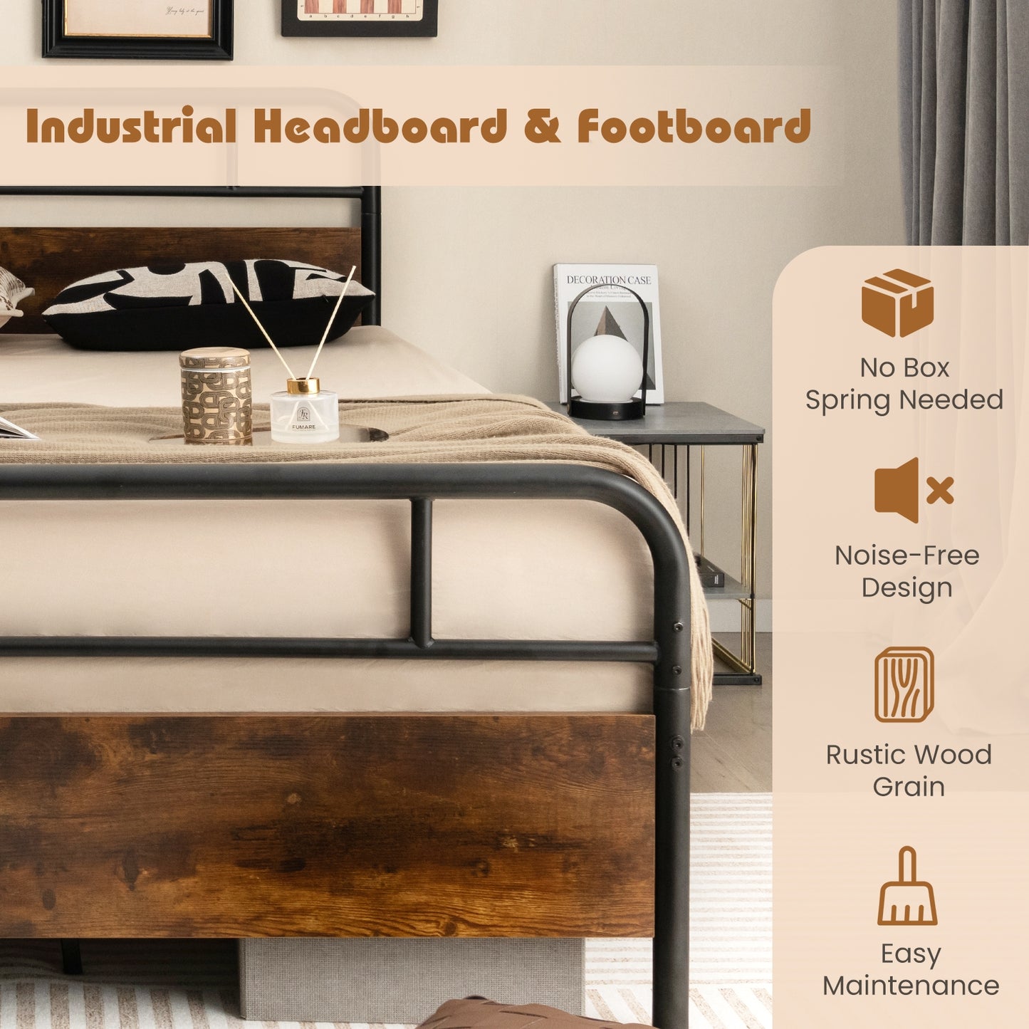 Industrial Metal Bed Frame with Rustic Headboard – Full Size