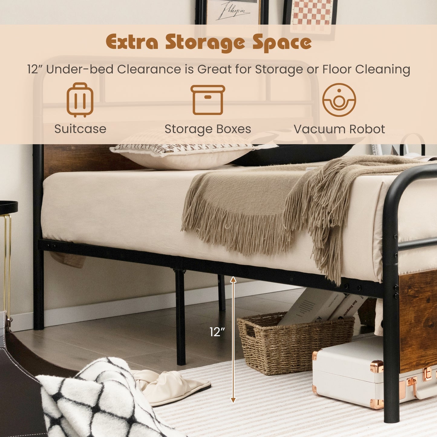 Industrial Metal Bed Frame with Rustic Headboard – Full Size