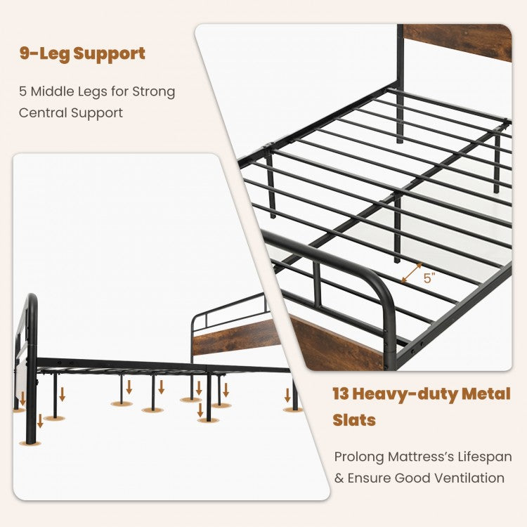 Industrial Metal Bed Frame with Rustic Headboard – Full Size