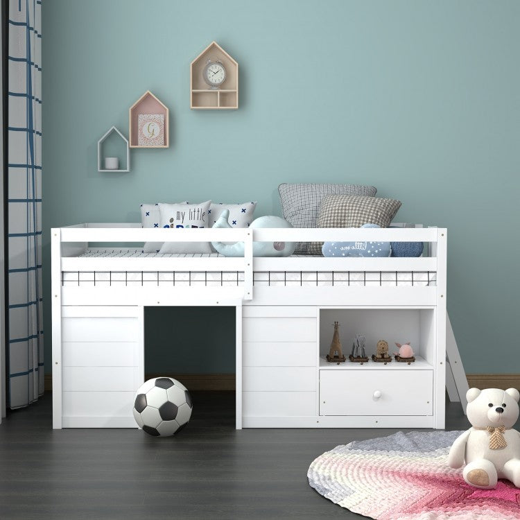 Functional Twin Low Loft Bed with Solid Wood Frame, Storage, and Drawer