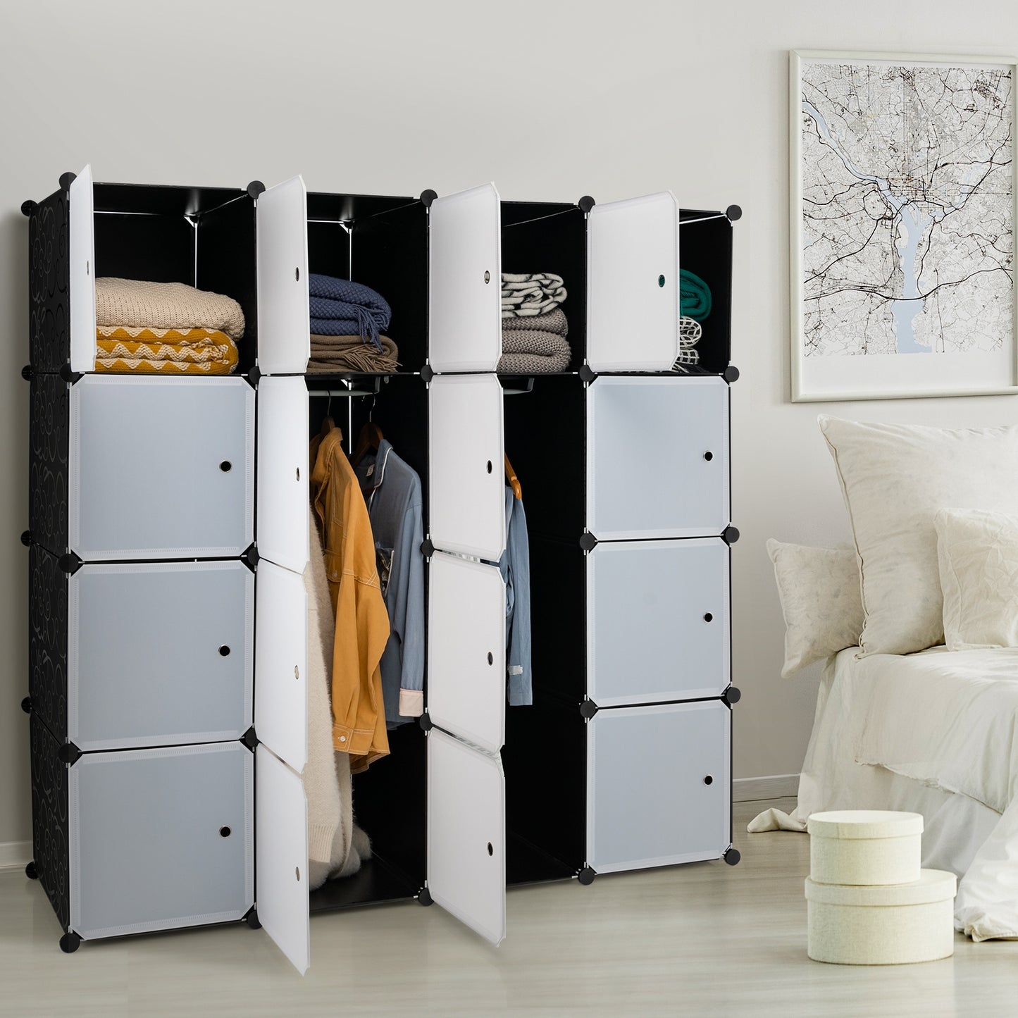 16-Cube Closet Organizer with Doors and Hanging Rods – Modular Storage for Clothes and Shoes