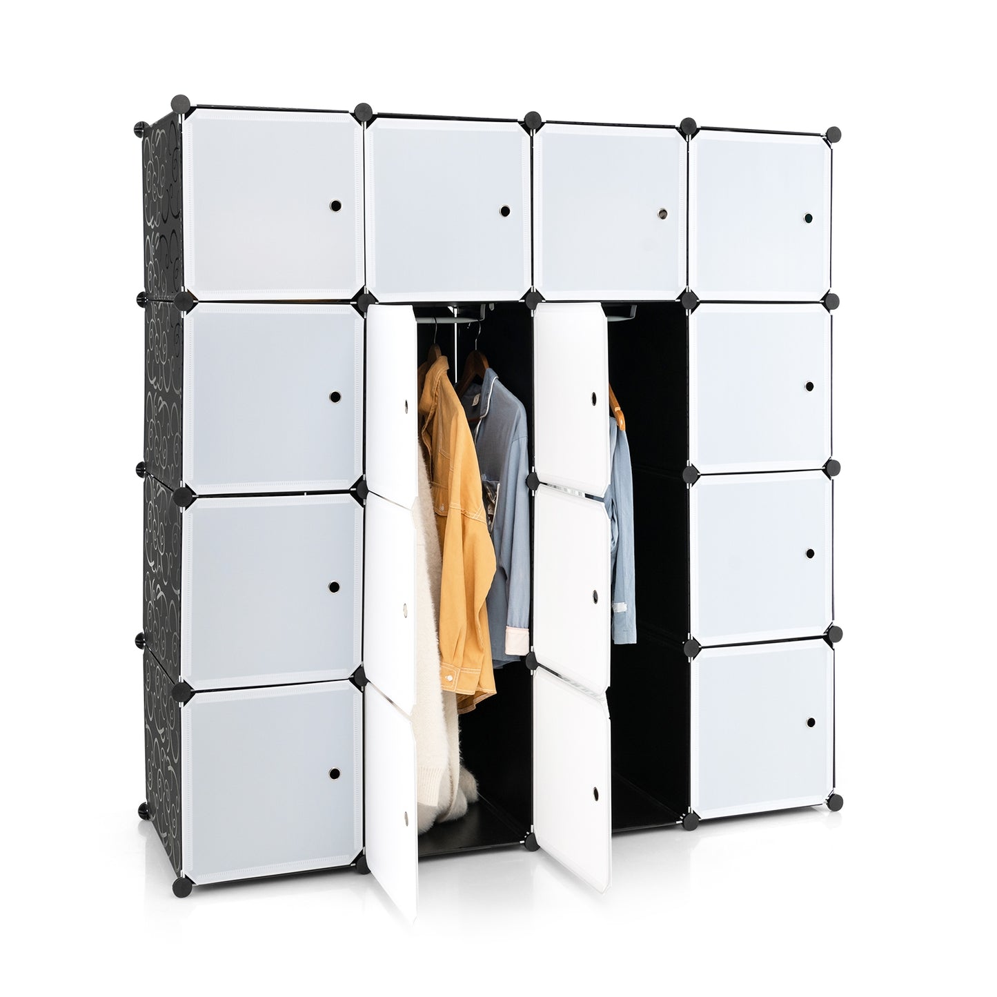 16-Cube Closet Organizer with Doors and Hanging Rods – Modular Storage for Clothes and Shoes
