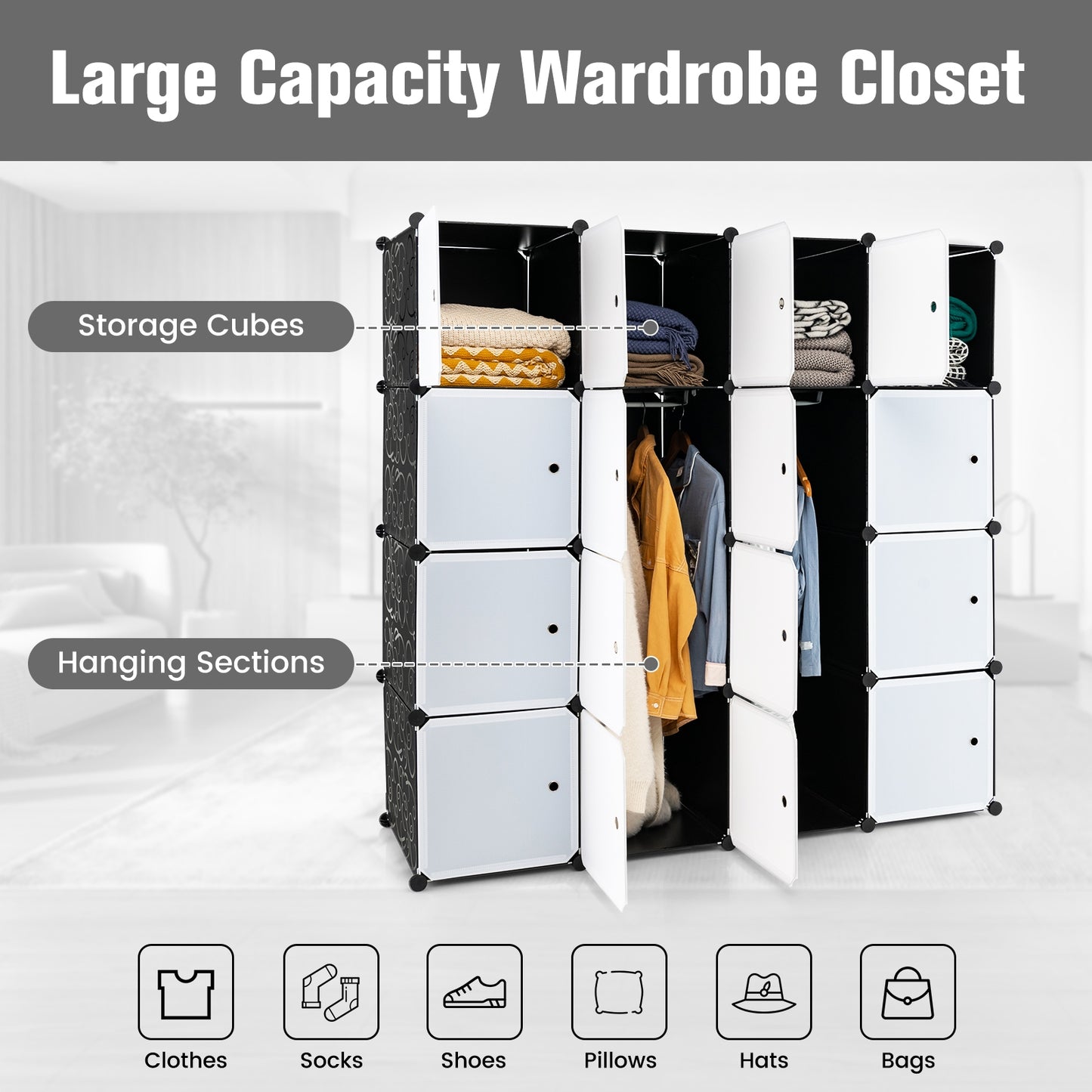16-Cube Closet Organizer with Doors and Hanging Rods – Modular Storage for Clothes and Shoes