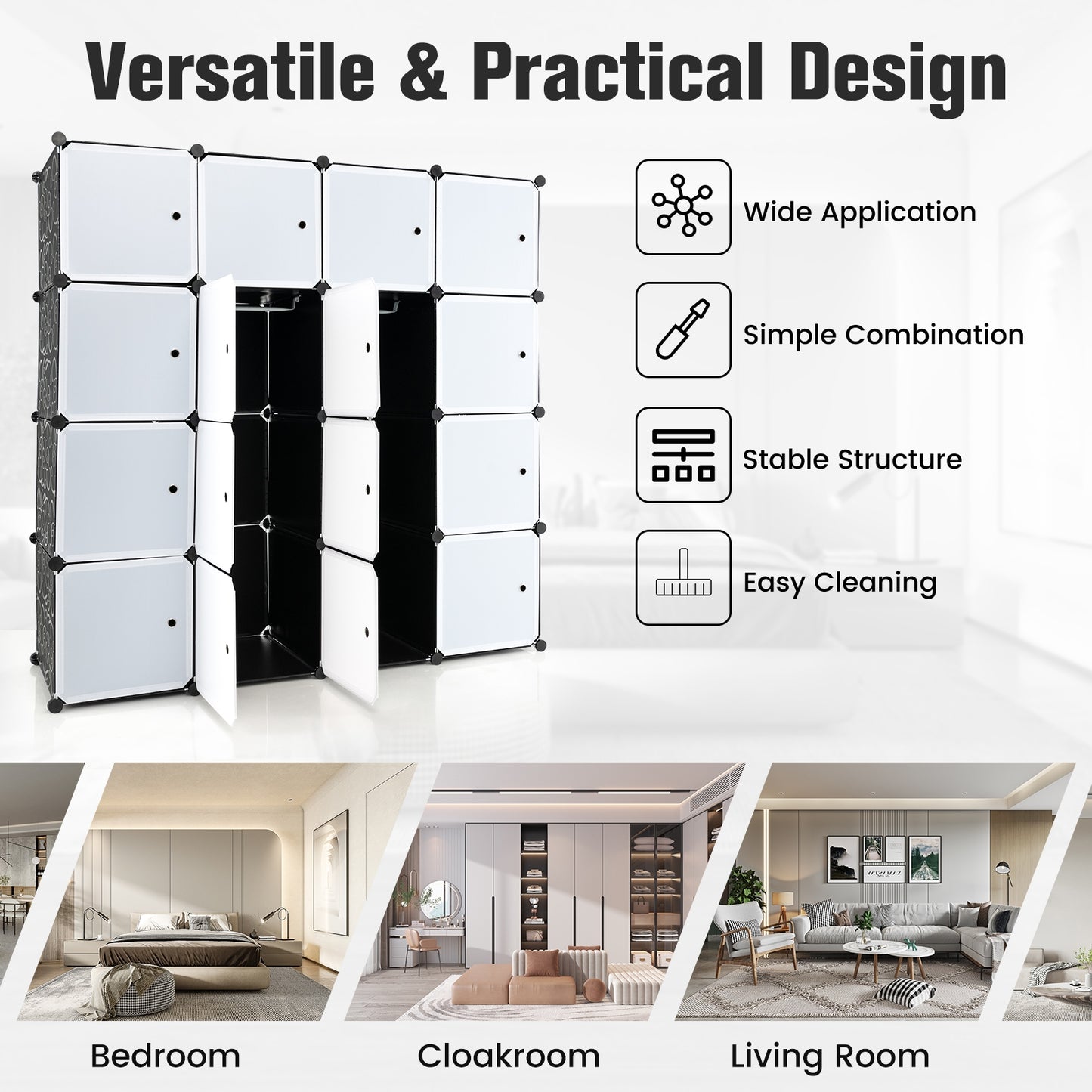 16-Cube Closet Organizer with Doors and Hanging Rods – Modular Storage for Clothes and Shoes