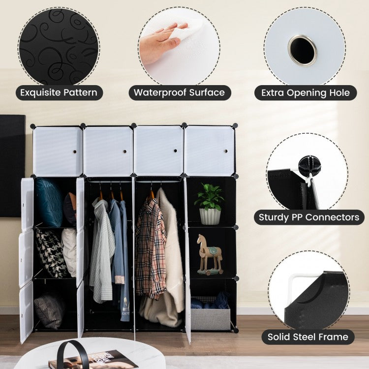 16-Cube Closet Organizer with Doors and Hanging Rods – Modular Storage for Clothes and Shoes