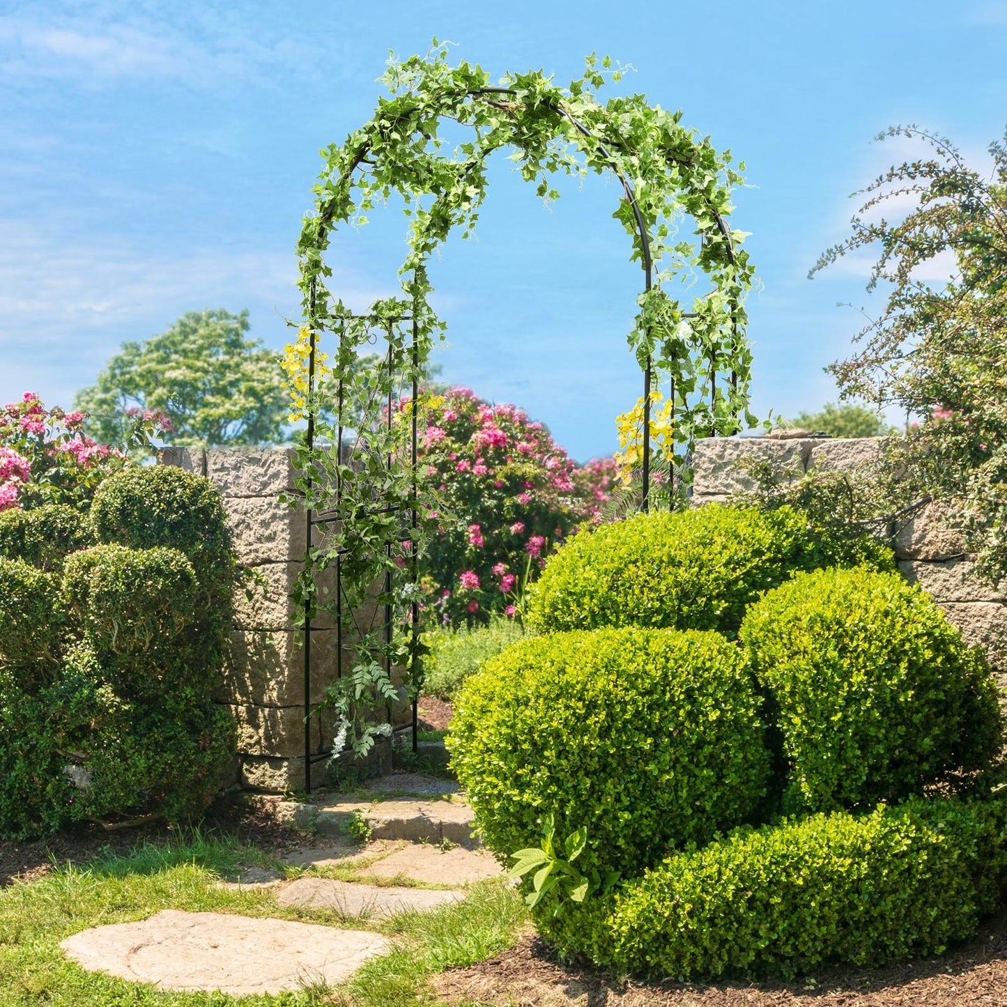 Metal Garden Arch Trellis for Climbing Plants with Ground Stakes and Decorative Design