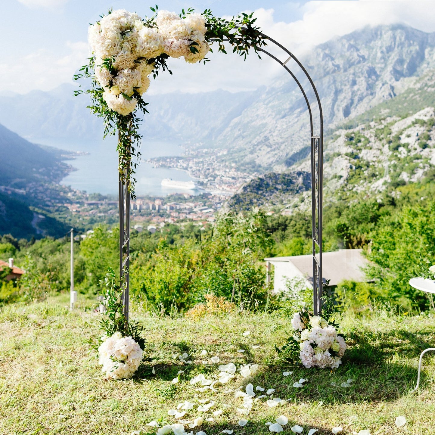 Metal Garden Arch Trellis for Climbing Plants with Ground Stakes and Decorative Design