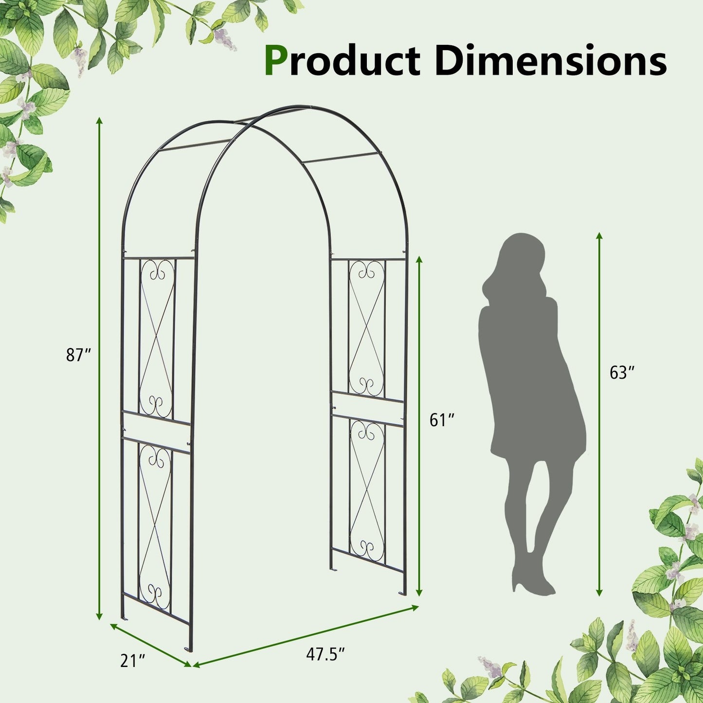 Metal Garden Arch Trellis for Climbing Plants with Ground Stakes and Decorative Design