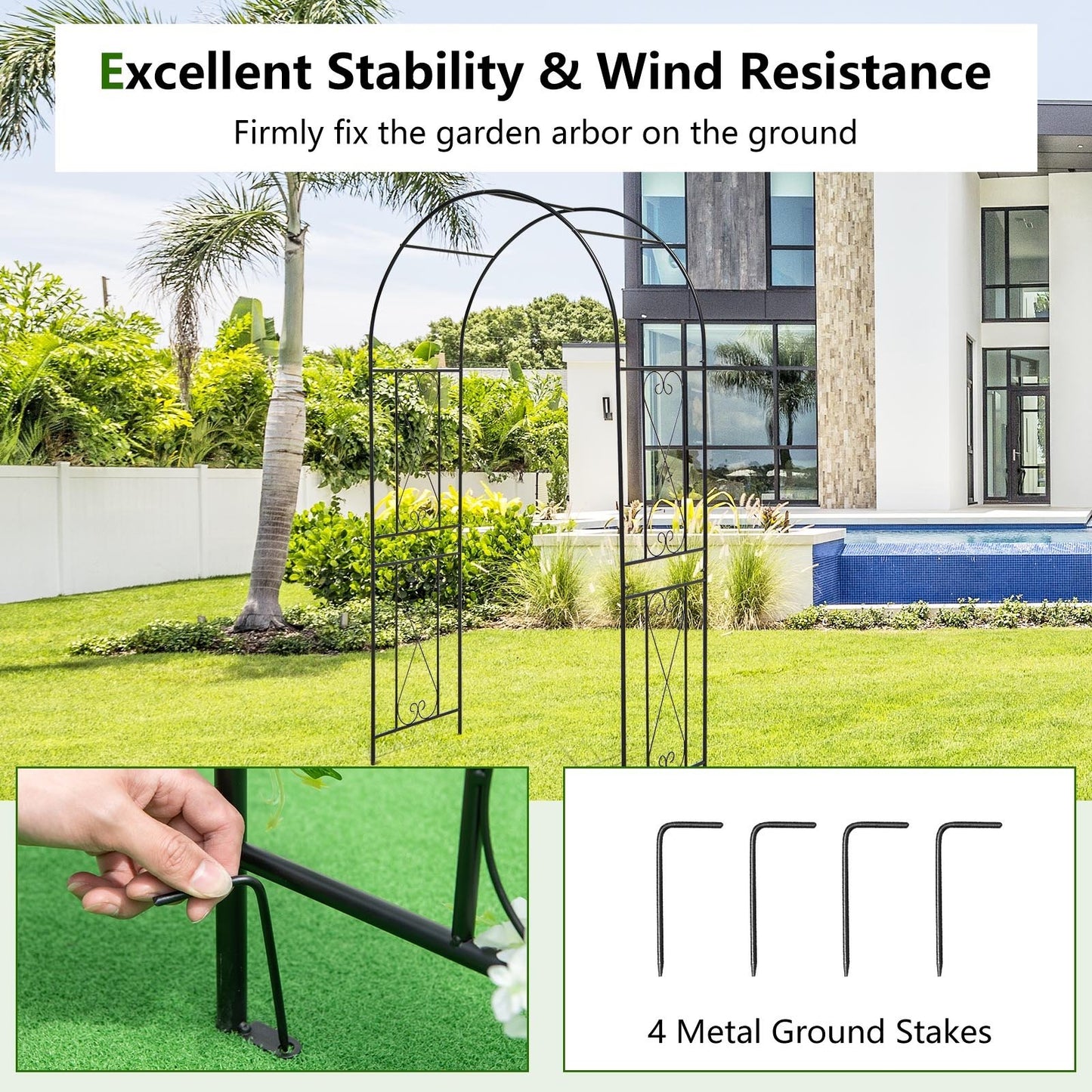 Metal Garden Arch Trellis for Climbing Plants with Ground Stakes and Decorative Design