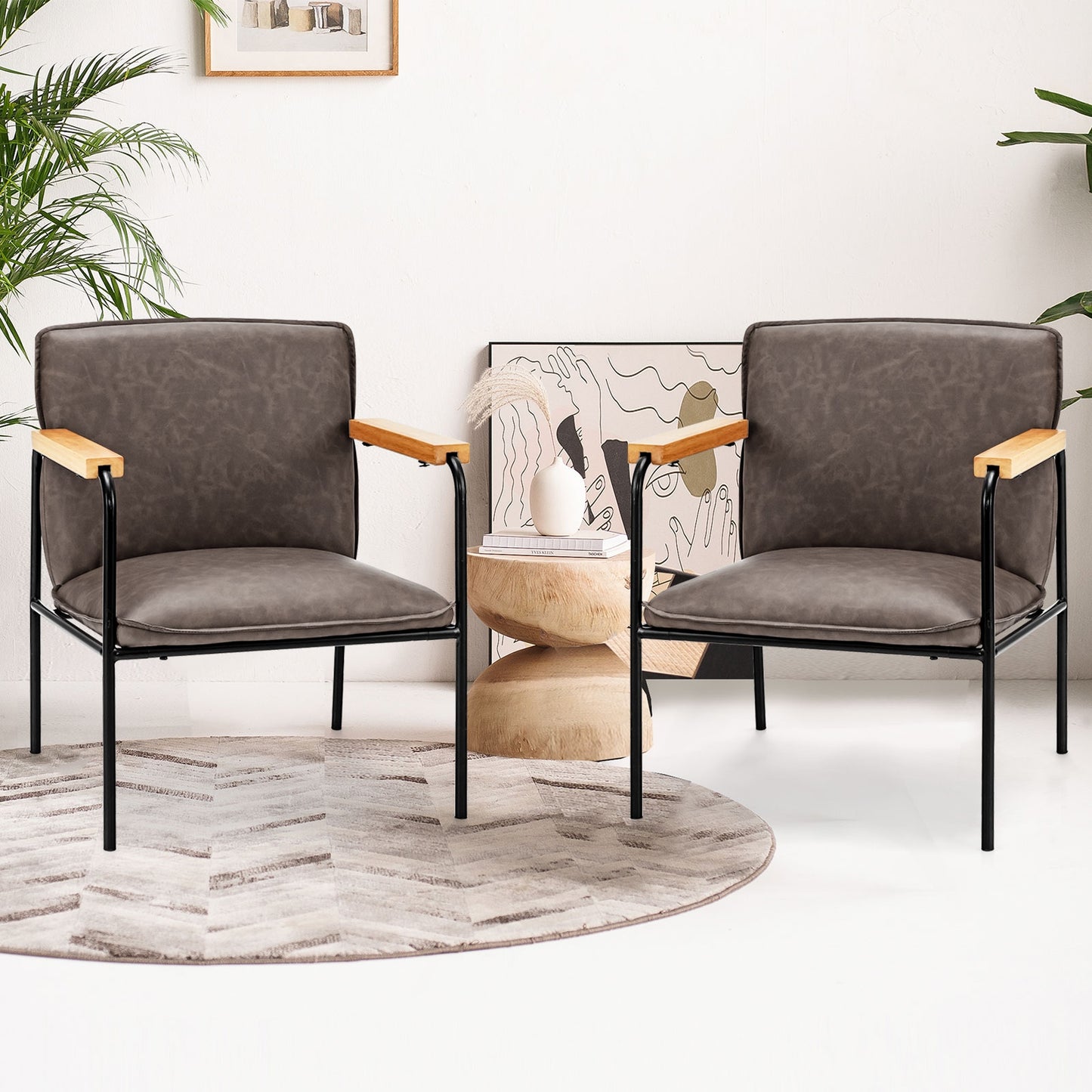 Contemporary PU Leather Armchair with Wooden Armrests in Grey