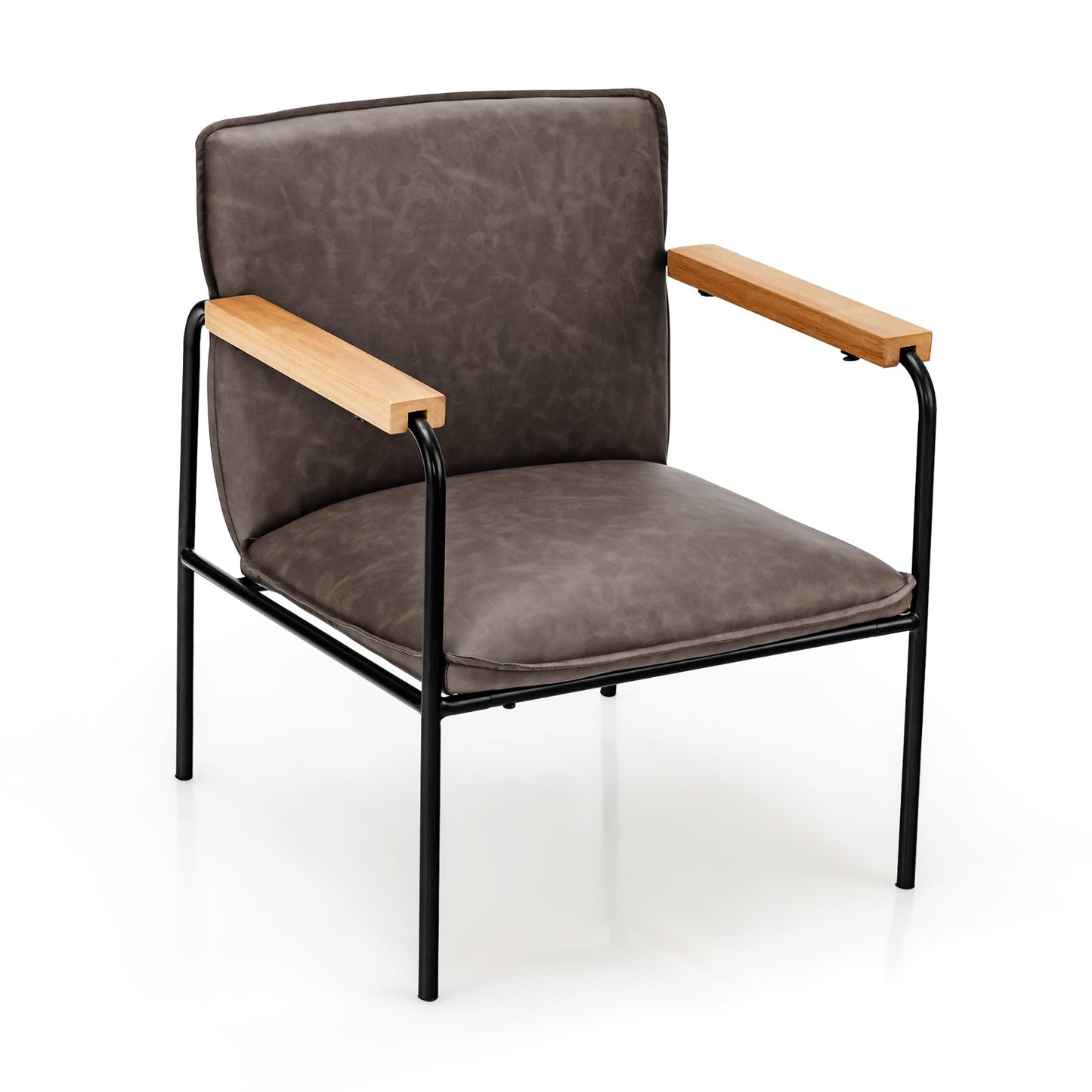 Contemporary PU Leather Armchair with Wooden Armrests in Grey