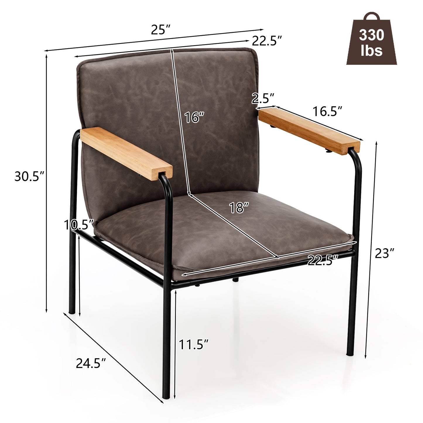 Contemporary PU Leather Armchair with Wooden Armrests in Grey