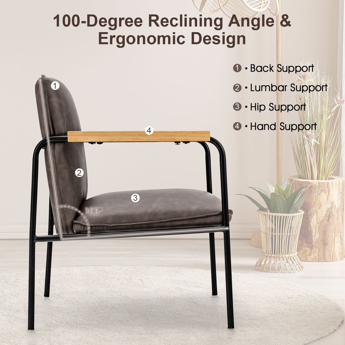 Contemporary PU Leather Armchair with Wooden Armrests in Grey