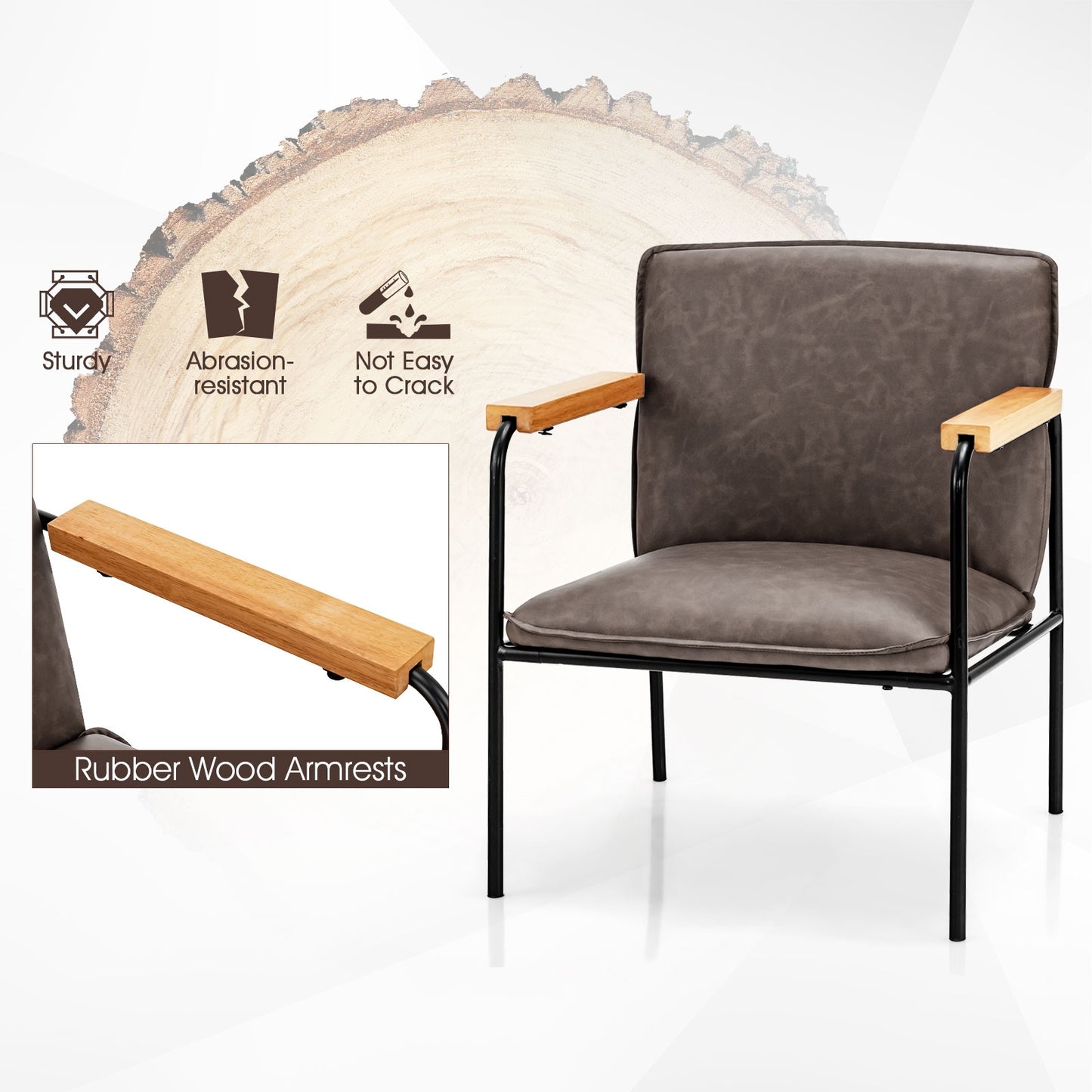 Contemporary PU Leather Armchair with Wooden Armrests in Grey