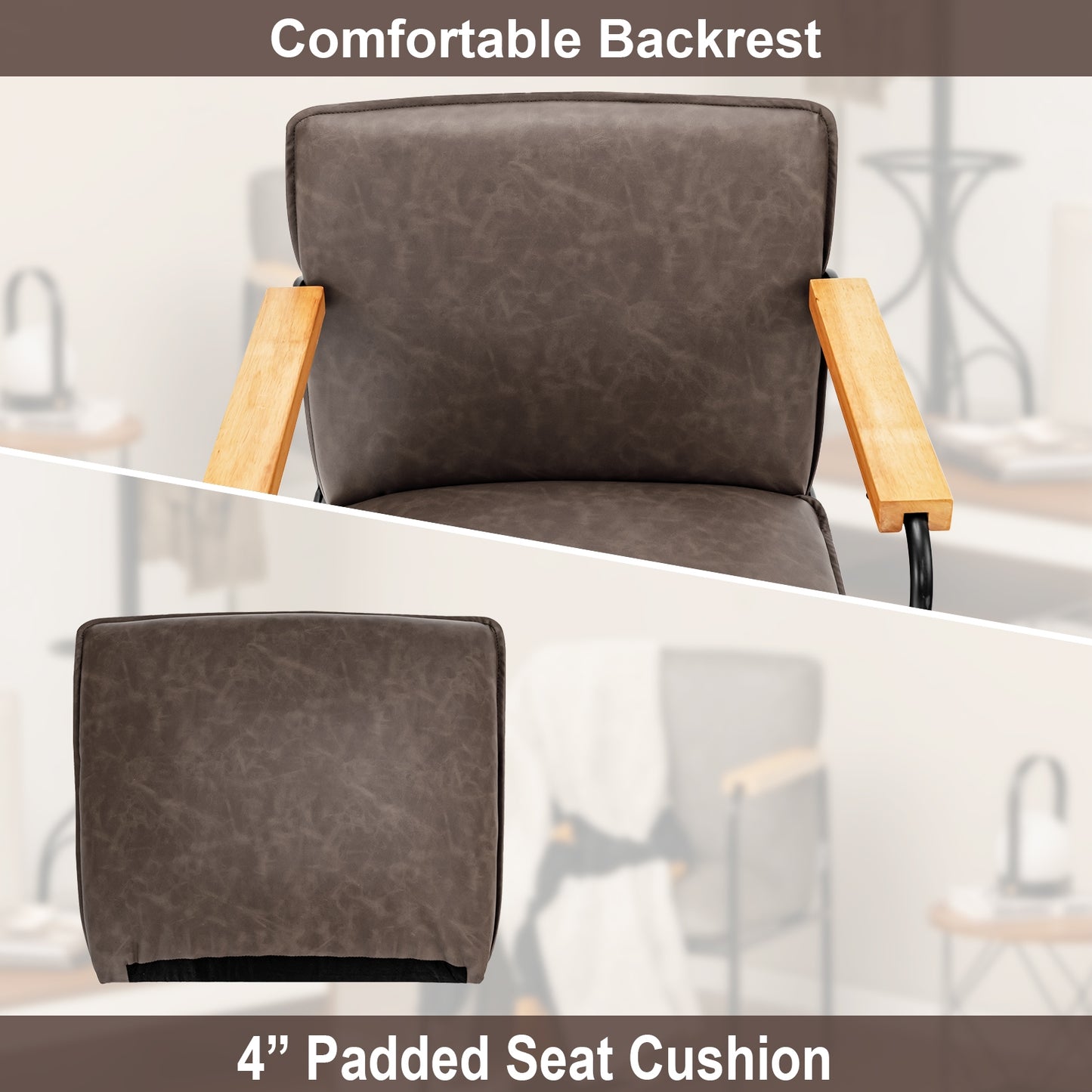 Contemporary PU Leather Armchair with Wooden Armrests in Grey