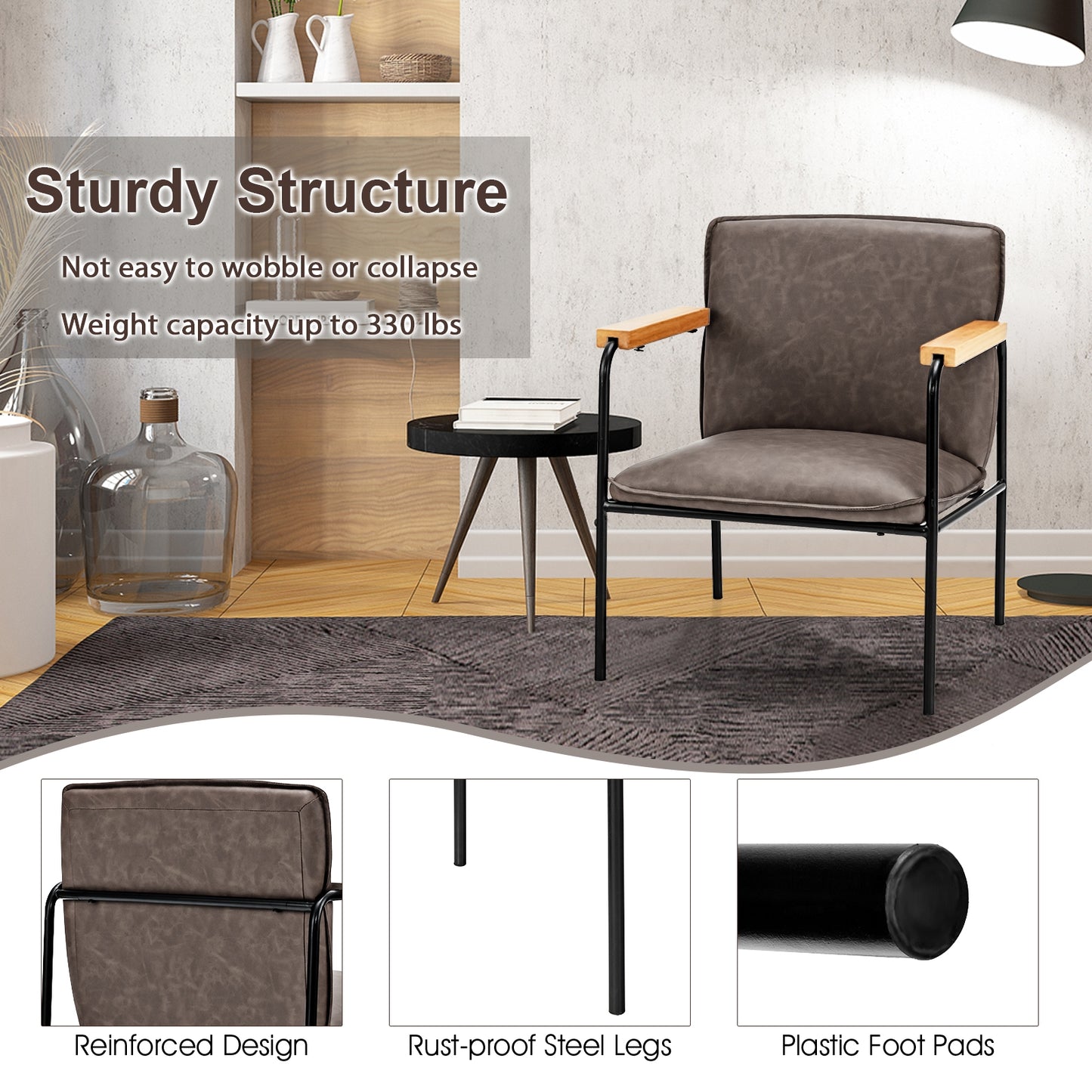 Contemporary PU Leather Armchair with Wooden Armrests in Grey