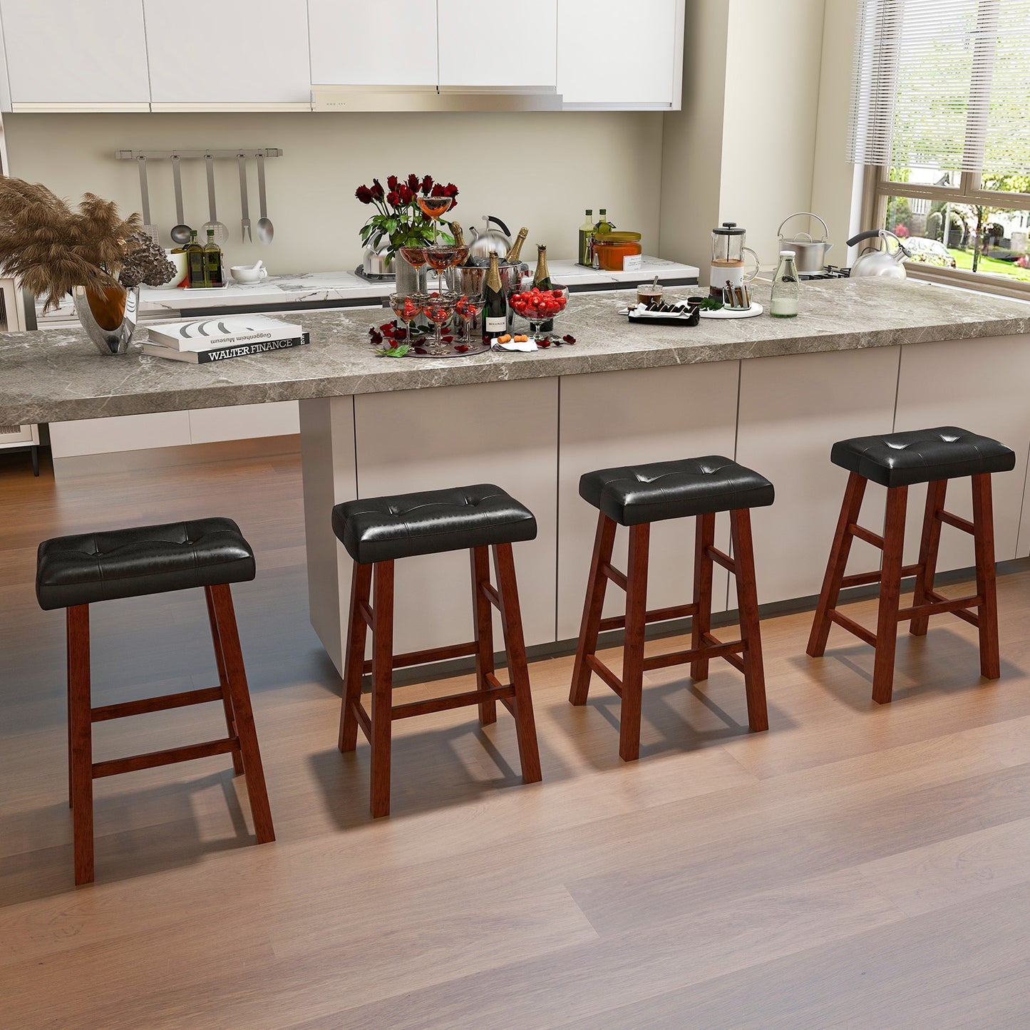2 Piece Modern Backless Bar Stool Set with Padded Seats and Footrests, 29 Inch