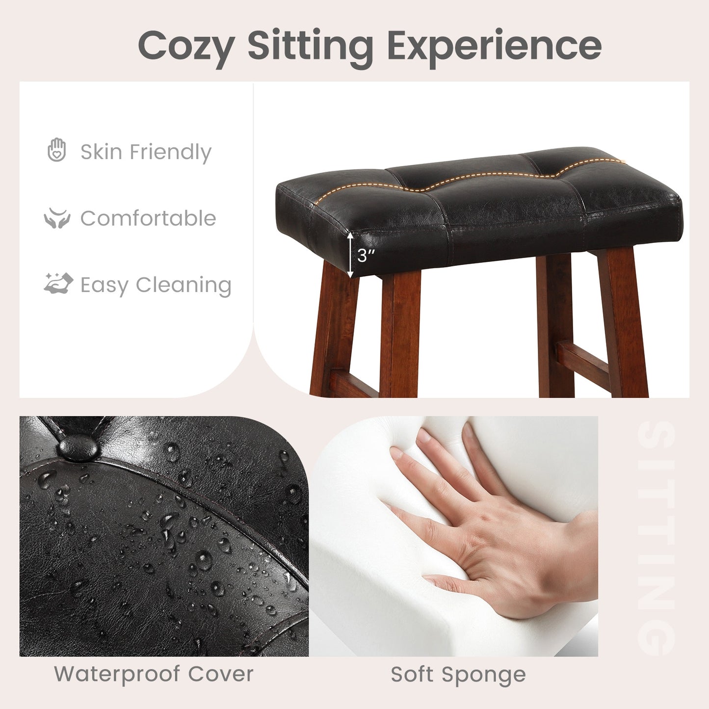2 Piece Modern Backless Bar Stool Set with Padded Seats and Footrests, 29 Inch