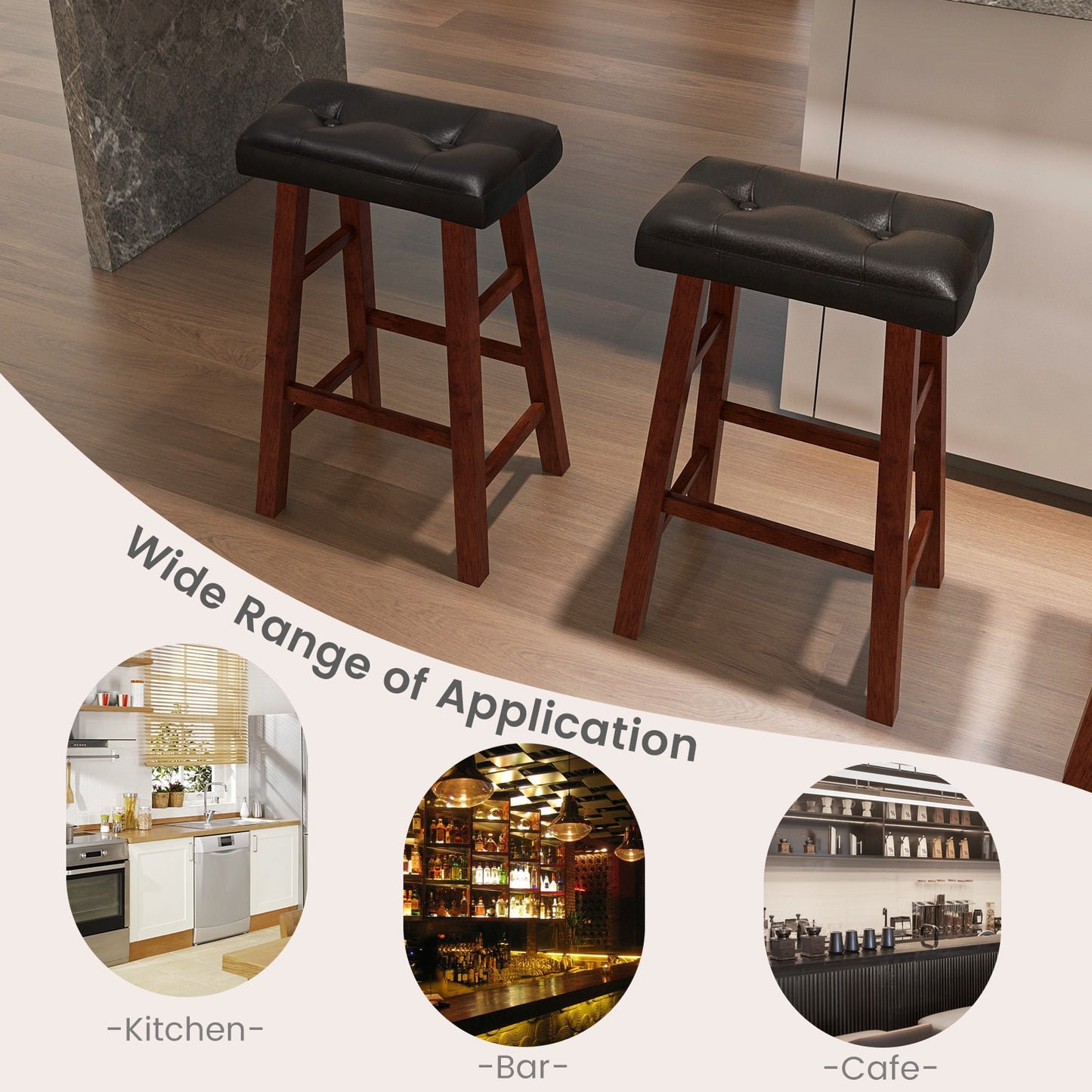 2 Piece Modern Backless Bar Stool Set with Padded Seats and Footrests, 29 Inch