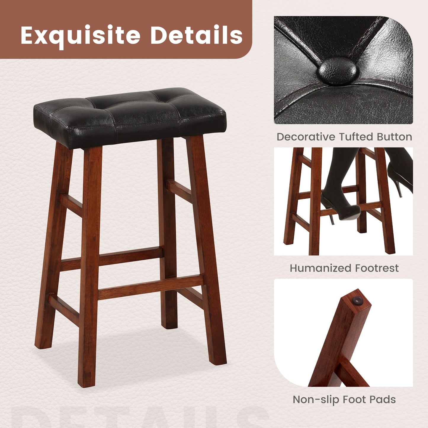 2 Piece Modern Backless Bar Stool Set with Padded Seats and Footrests, 29 Inch