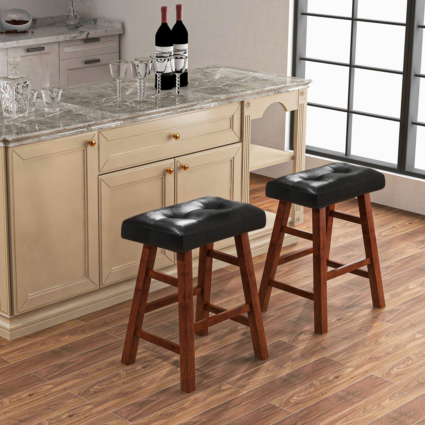 2 Piece Modern Backless Bar Stool Set with Padded Seats and Footrests, 24 Inch