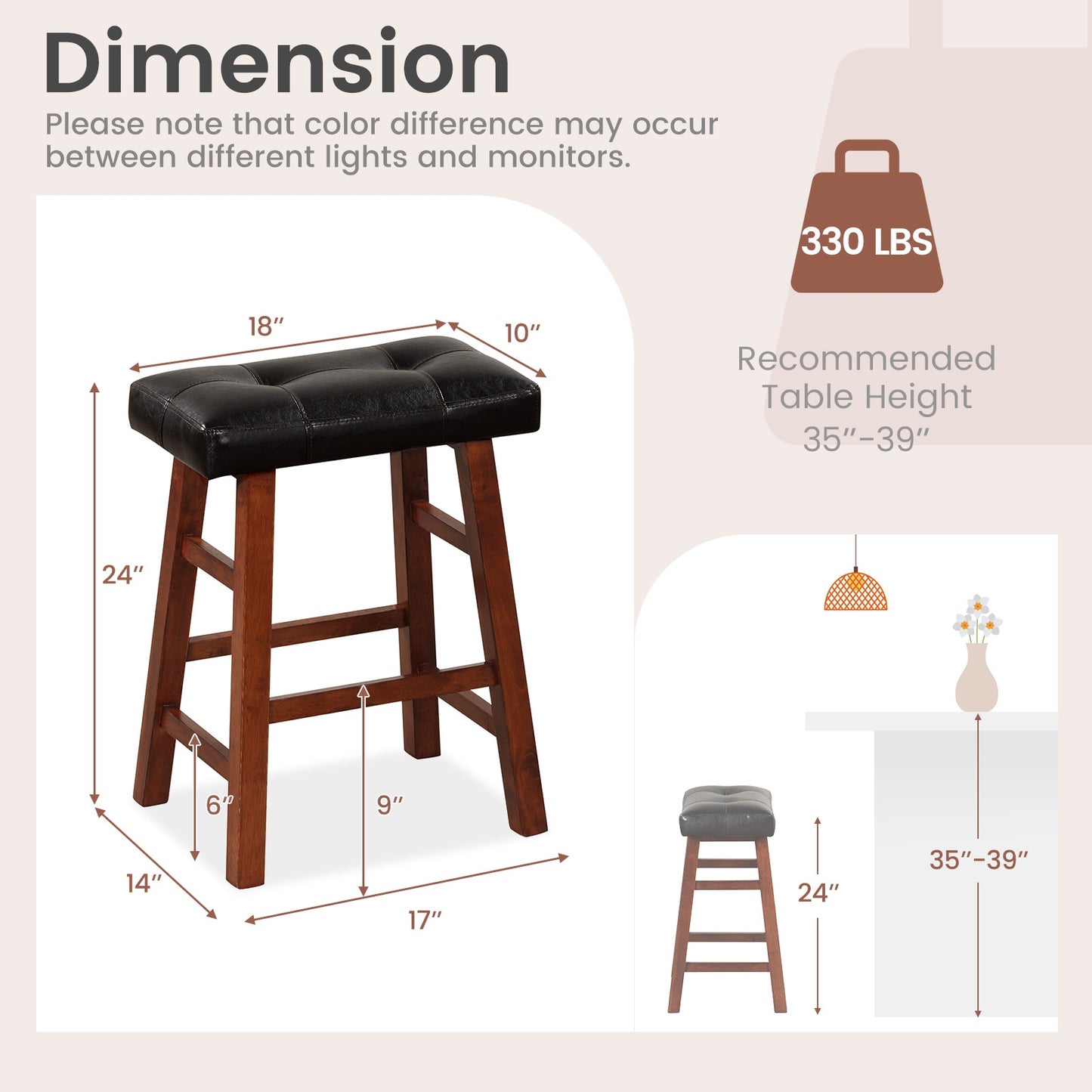 2 Piece Modern Backless Bar Stool Set with Padded Seats and Footrests, 24 Inch