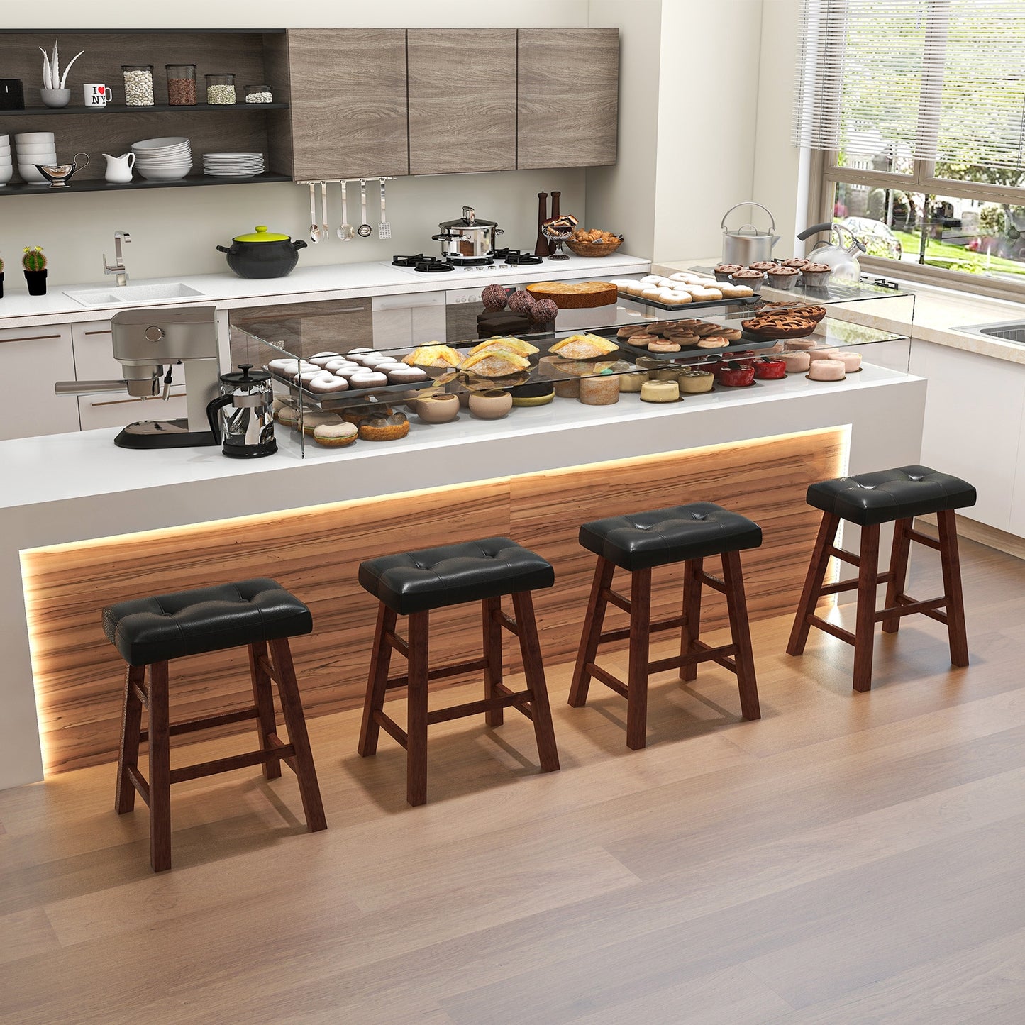 2 Piece Modern Backless Bar Stool Set with Padded Seats and Footrests, 24 Inch