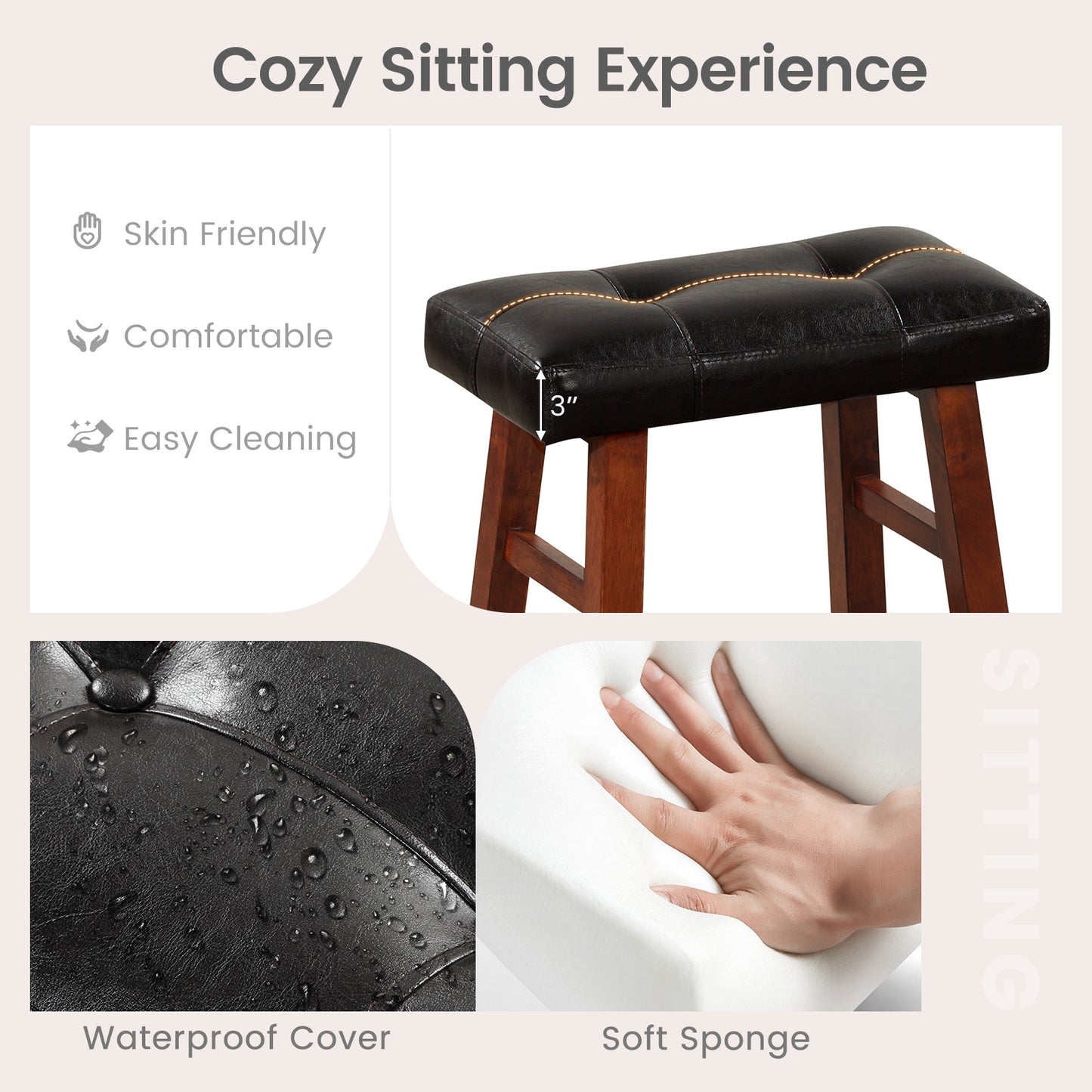 2 Piece Modern Backless Bar Stool Set with Padded Seats and Footrests, 24 Inch