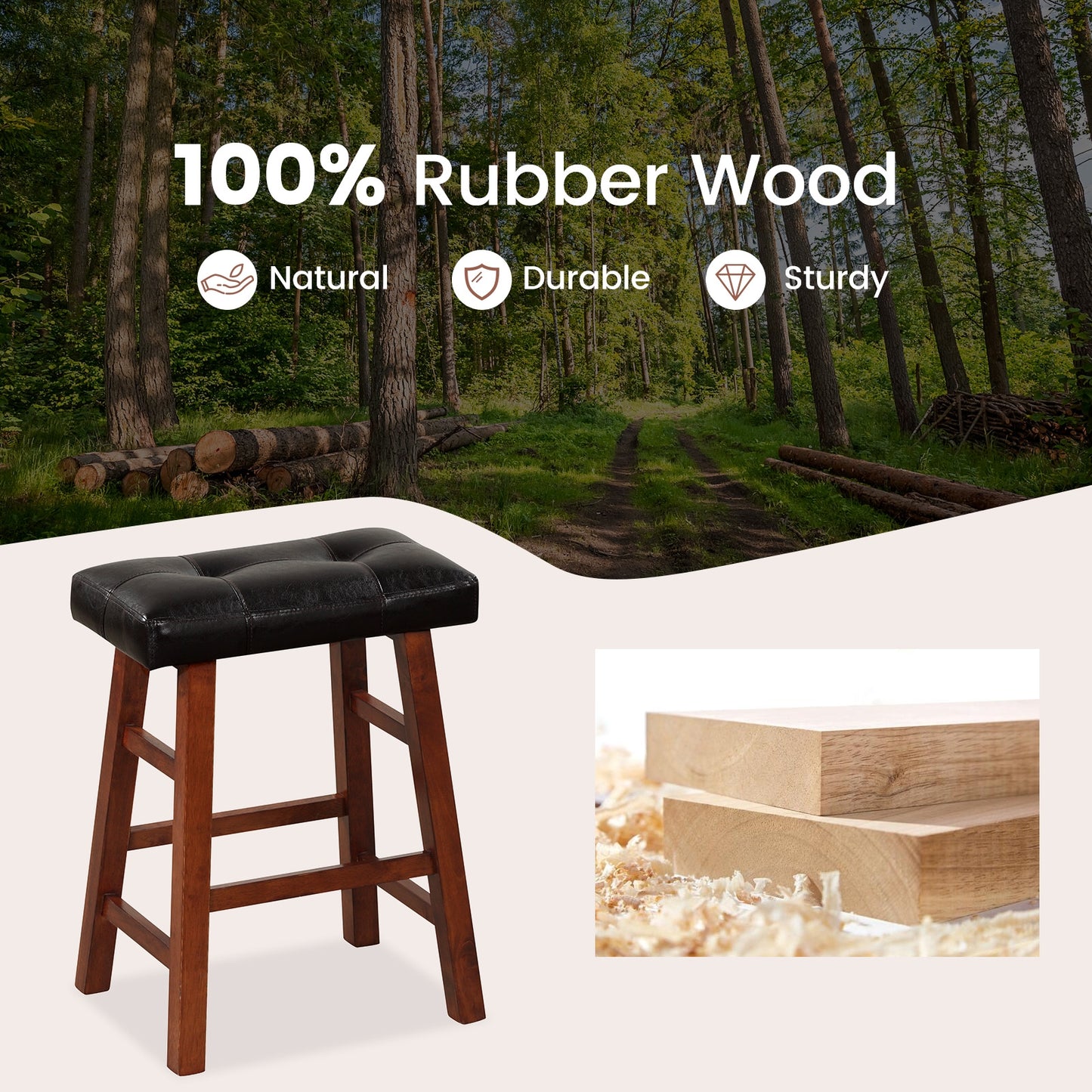 2 Piece Modern Backless Bar Stool Set with Padded Seats and Footrests, 24 Inch