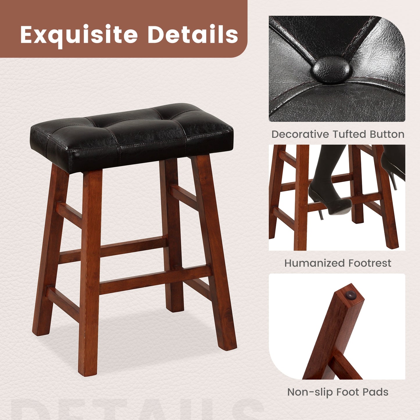 2 Piece Modern Backless Bar Stool Set with Padded Seats and Footrests, 24 Inch