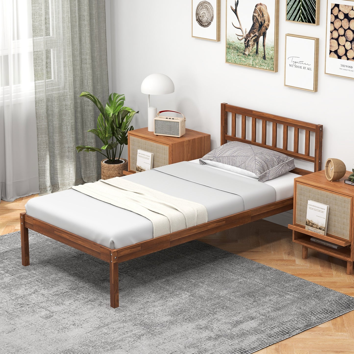 Solid Wood Bed Frame with Headboard and Slat Support – Twin Size