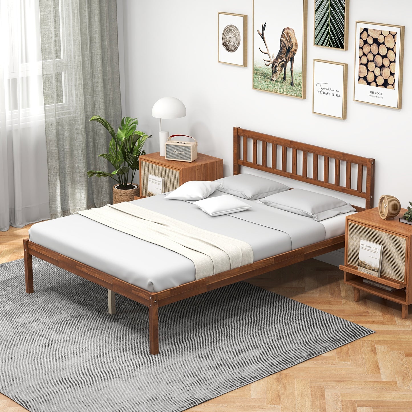 Solid Wood Bed Frame with Headboard and Slat Support – Full Size