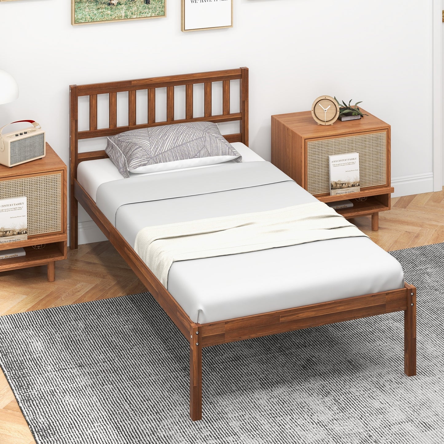 Solid Wood Bed Frame with Headboard and Slat Support – Twin Size