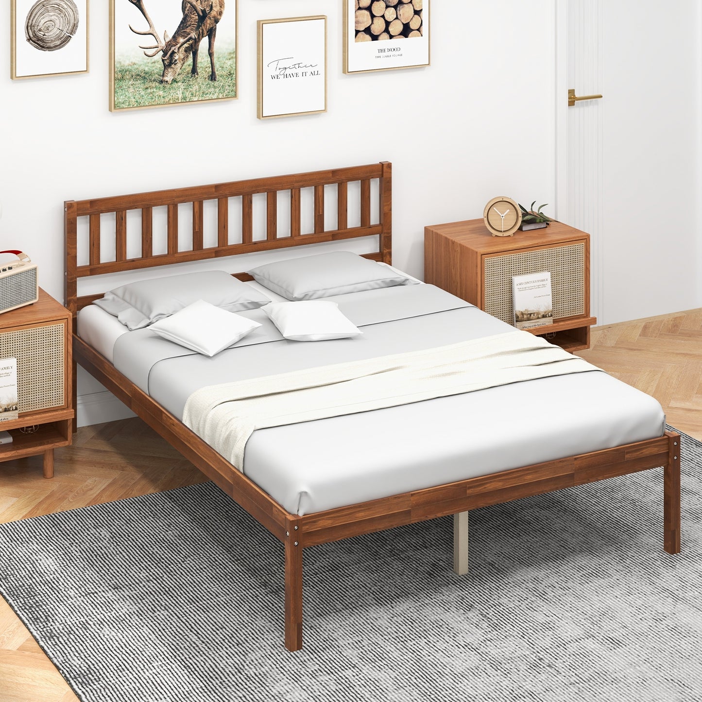 Solid Wood Bed Frame with Headboard and Slat Support – Full Size